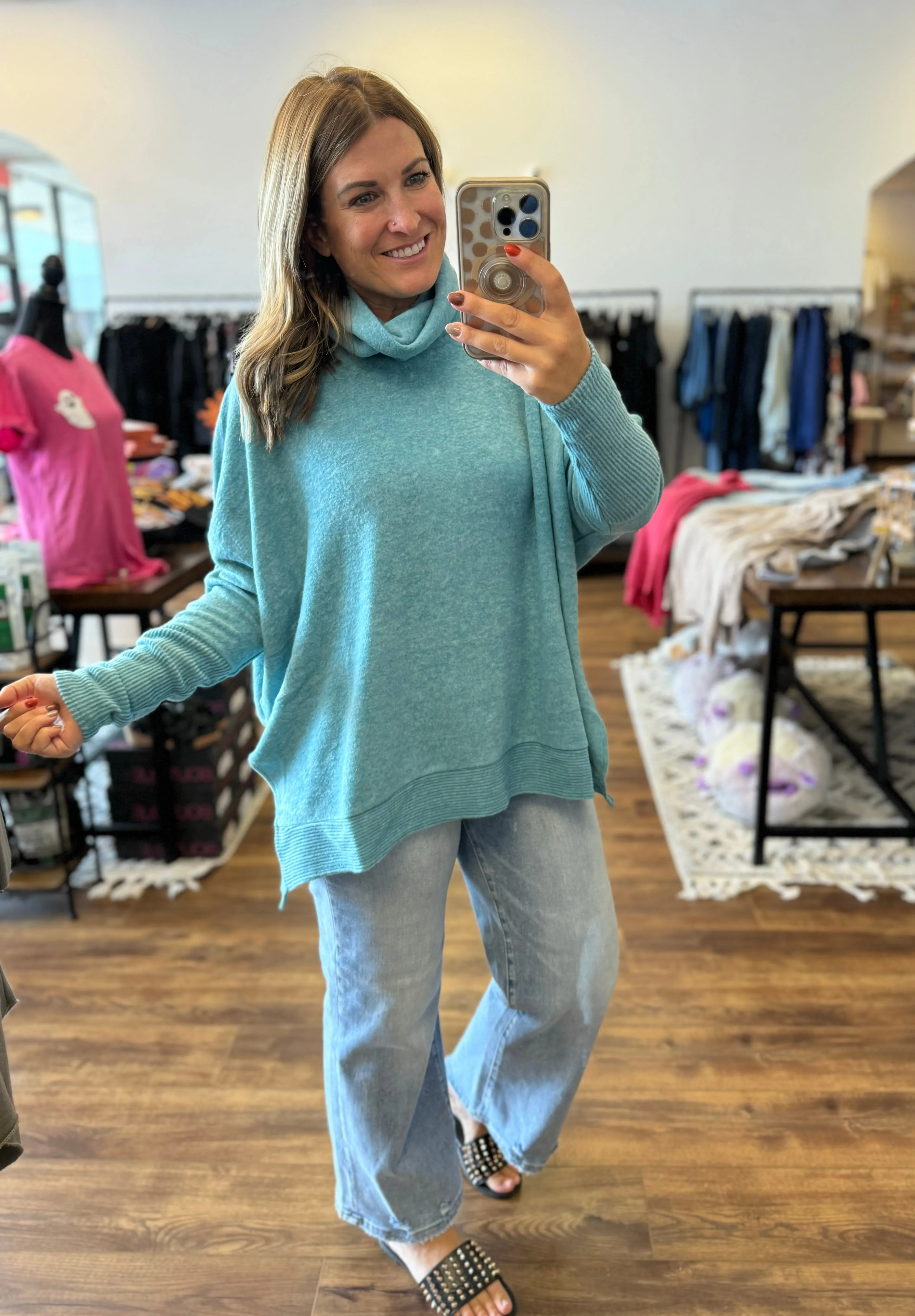 Brushed Melange Cowl Neck Poncho Pullover - Teal