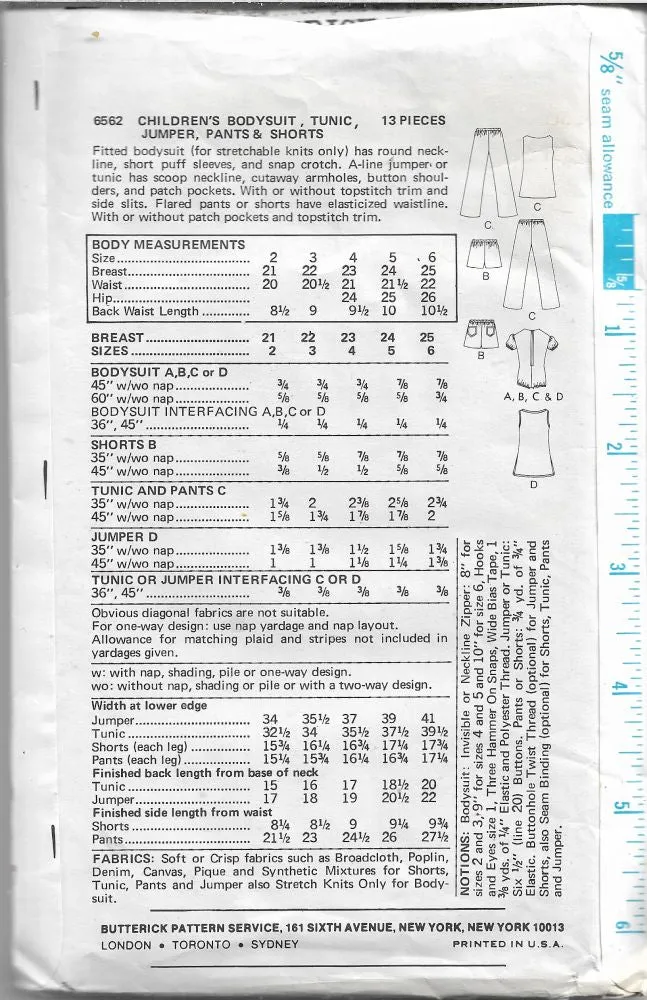 Butterick 6562 Girls Bodysuit Jumper Tunic Pants Shorts Vintage Sewing Pattern 1970s