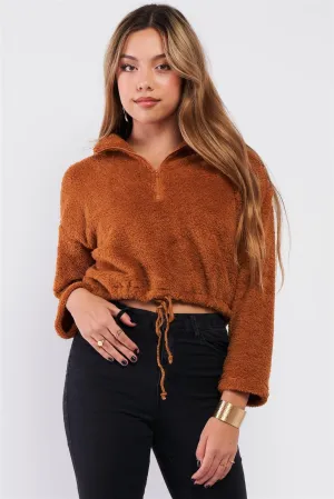 Caramel Soft Plush Collared Zip-Up Neckline Relaxed Fit Crop Sweater /3-2-1