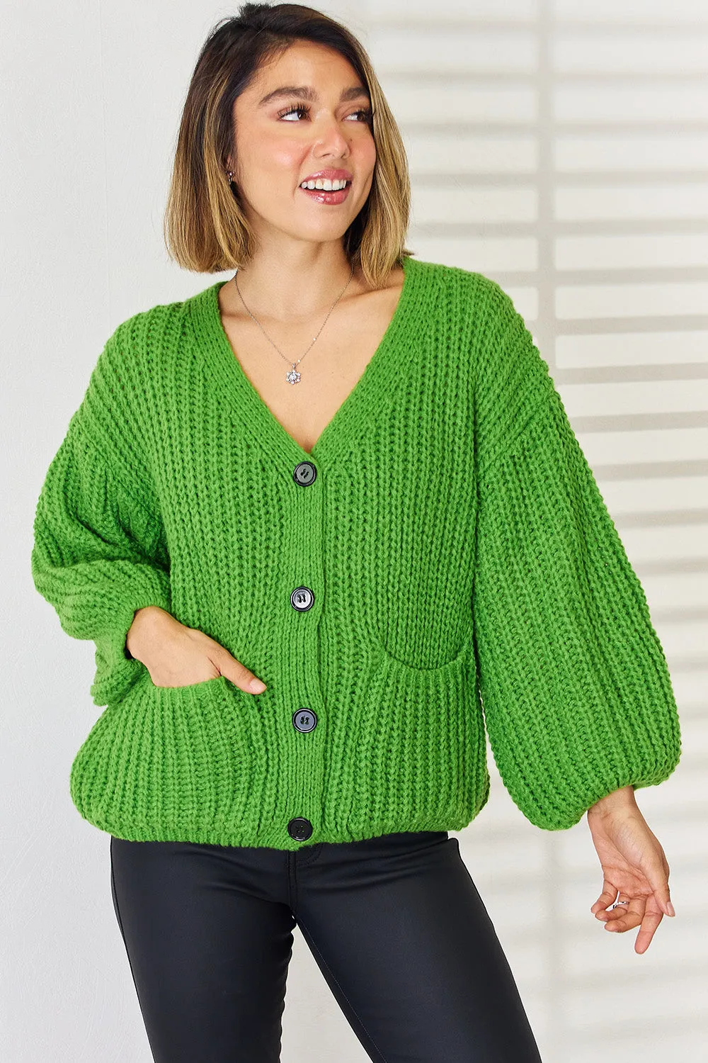 Cardigan with pockets and buttons Women's Fashion Knit Baggy Sleeves Open Sweater