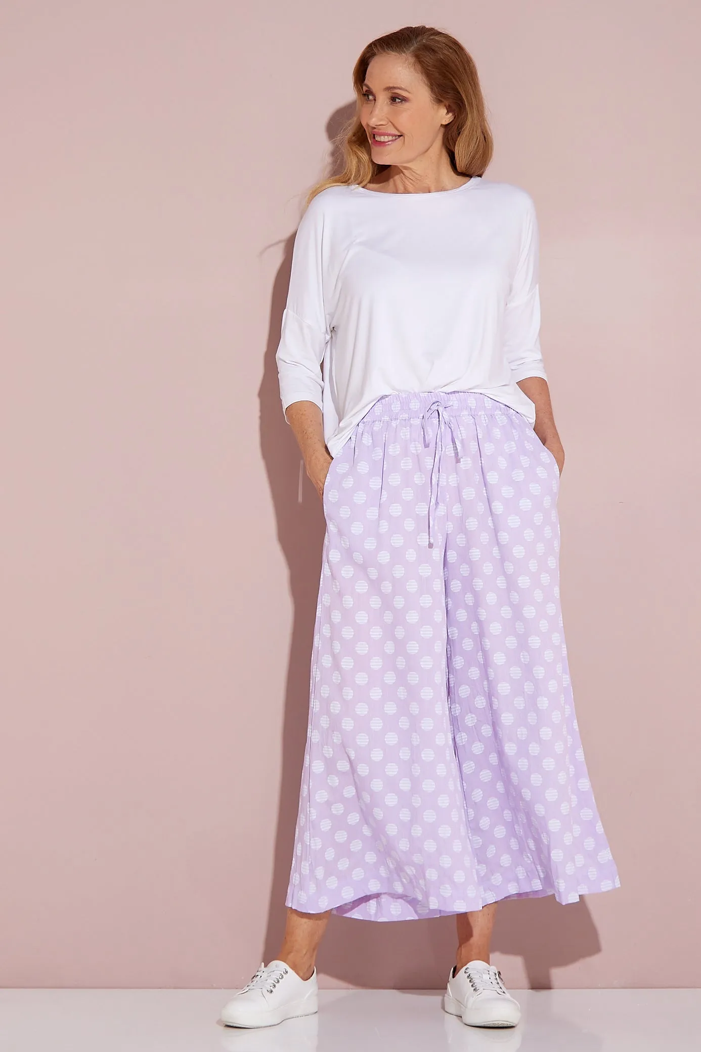 Cleo Wide Leg Drawstring Pants - Lilac/Spot