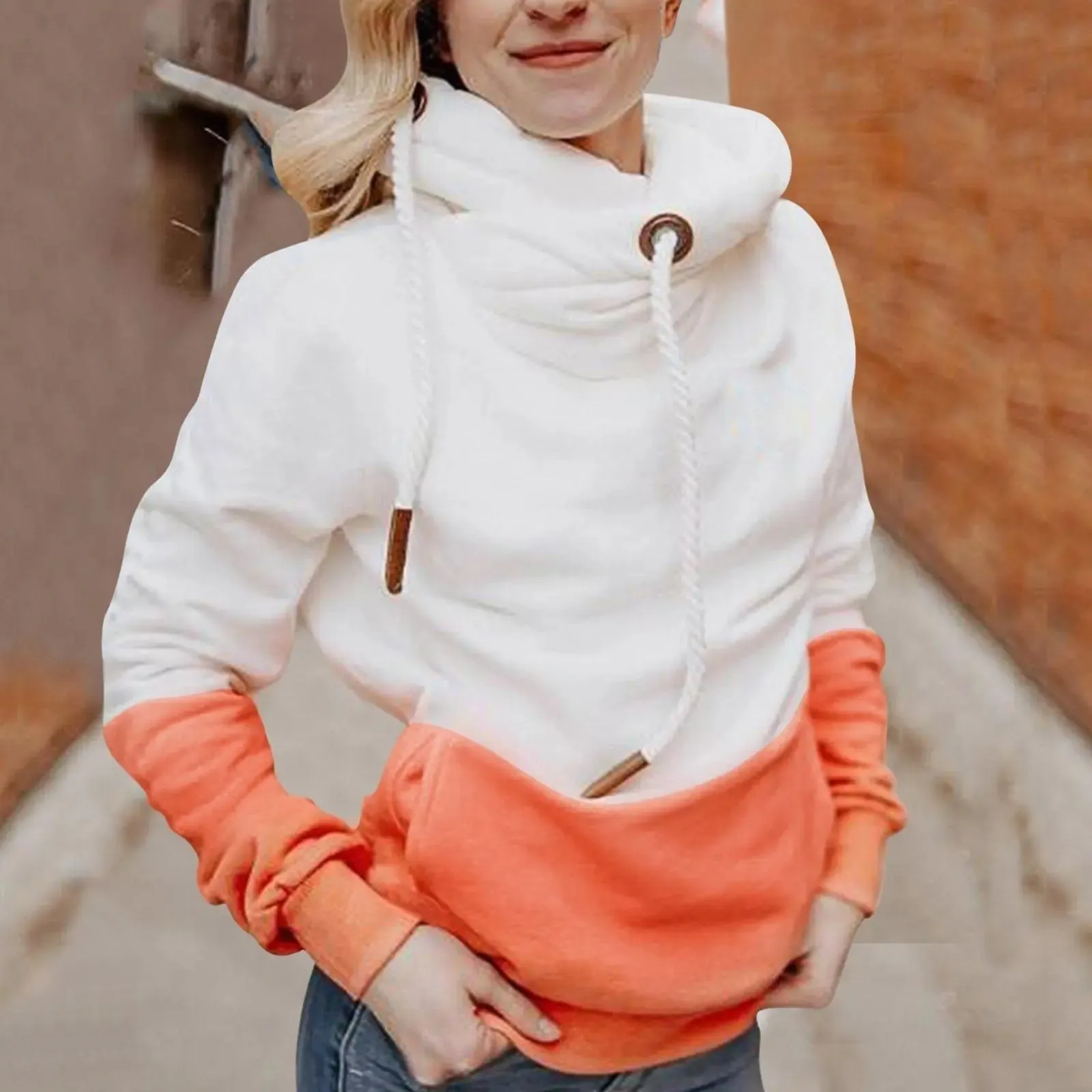 Color Matching Long Sleeve Hoodie Drawstring Sweater Women's Wear