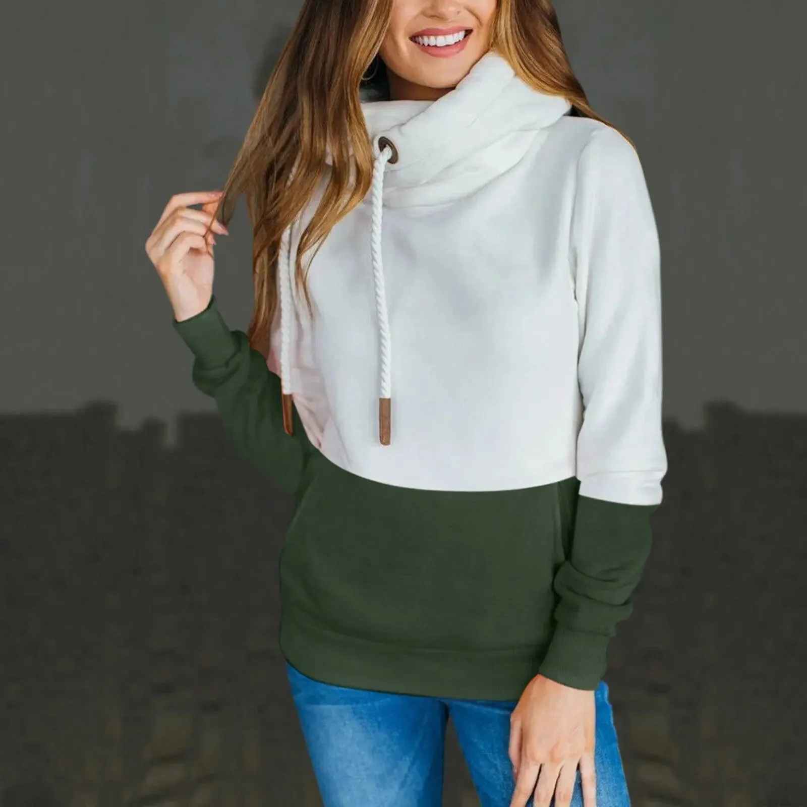 Color Matching Long Sleeve Hoodie Drawstring Sweater Women's Wear