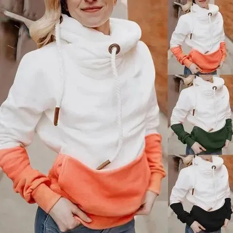 Color Matching Long Sleeve Hoodie Drawstring Sweater Women's Wear