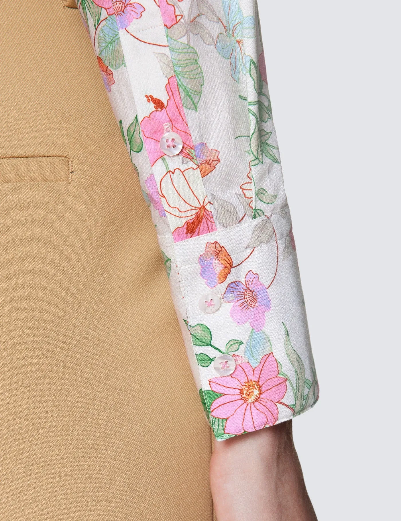 Cream & Pink Floral Print Fitted Cotton Stretch Shirt