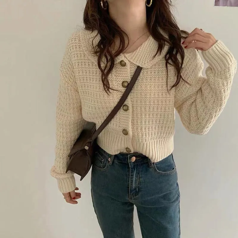 Cute Peter Pan Collar Women Cardigan Sweater Loose Knitted Long Sleeve Korean Chic Jumper Coat Loose Button Up Jackets