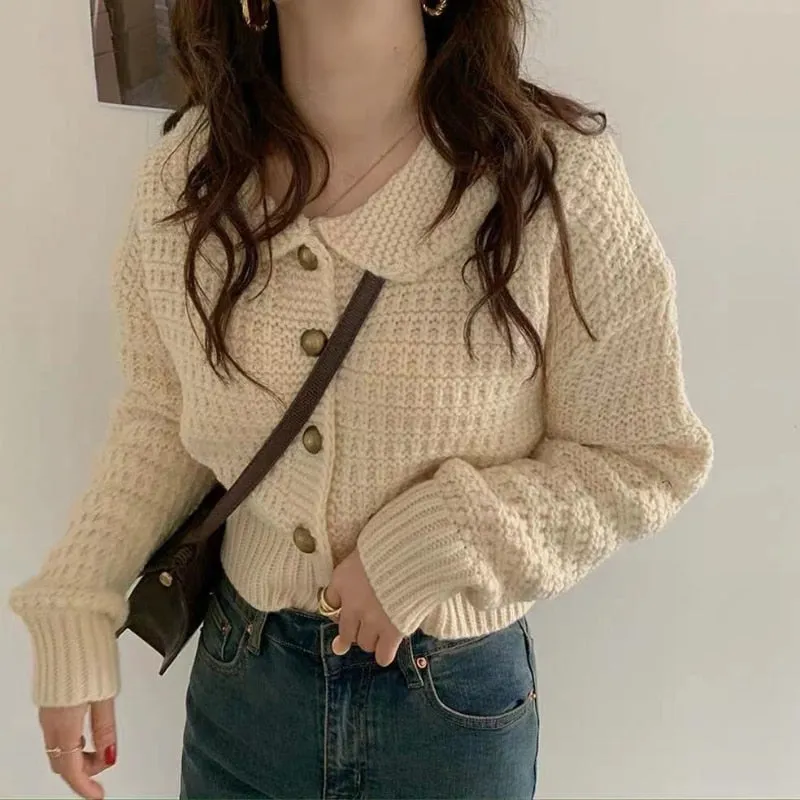 Cute Peter Pan Collar Women Cardigan Sweater Loose Knitted Long Sleeve Korean Chic Jumper Coat Loose Button Up Jackets