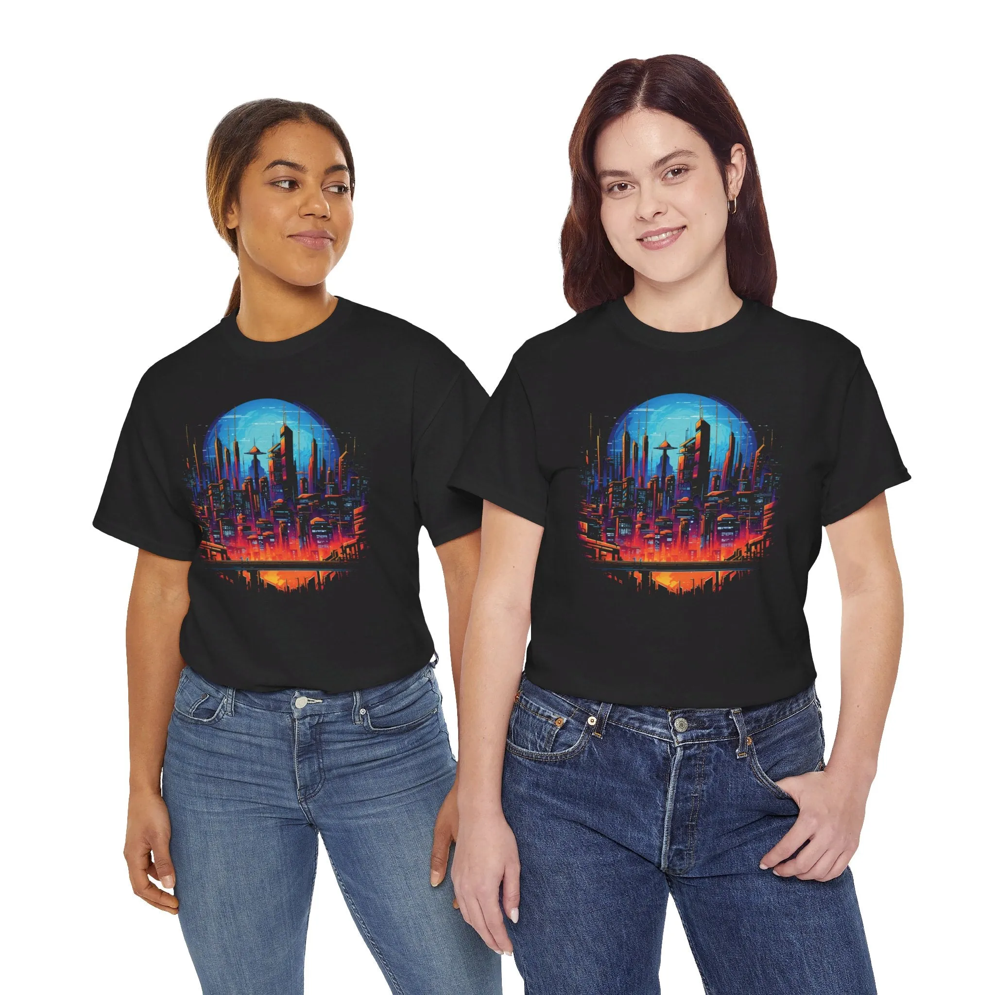 Cyberpunk Skyline T-Shirt Vollmond | T-Shirt für Cyberpunk und Retrowave Fans