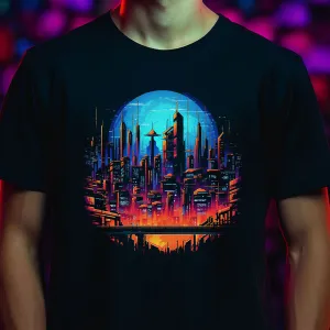 Cyberpunk Skyline T-Shirt Vollmond | T-Shirt für Cyberpunk und Retrowave Fans