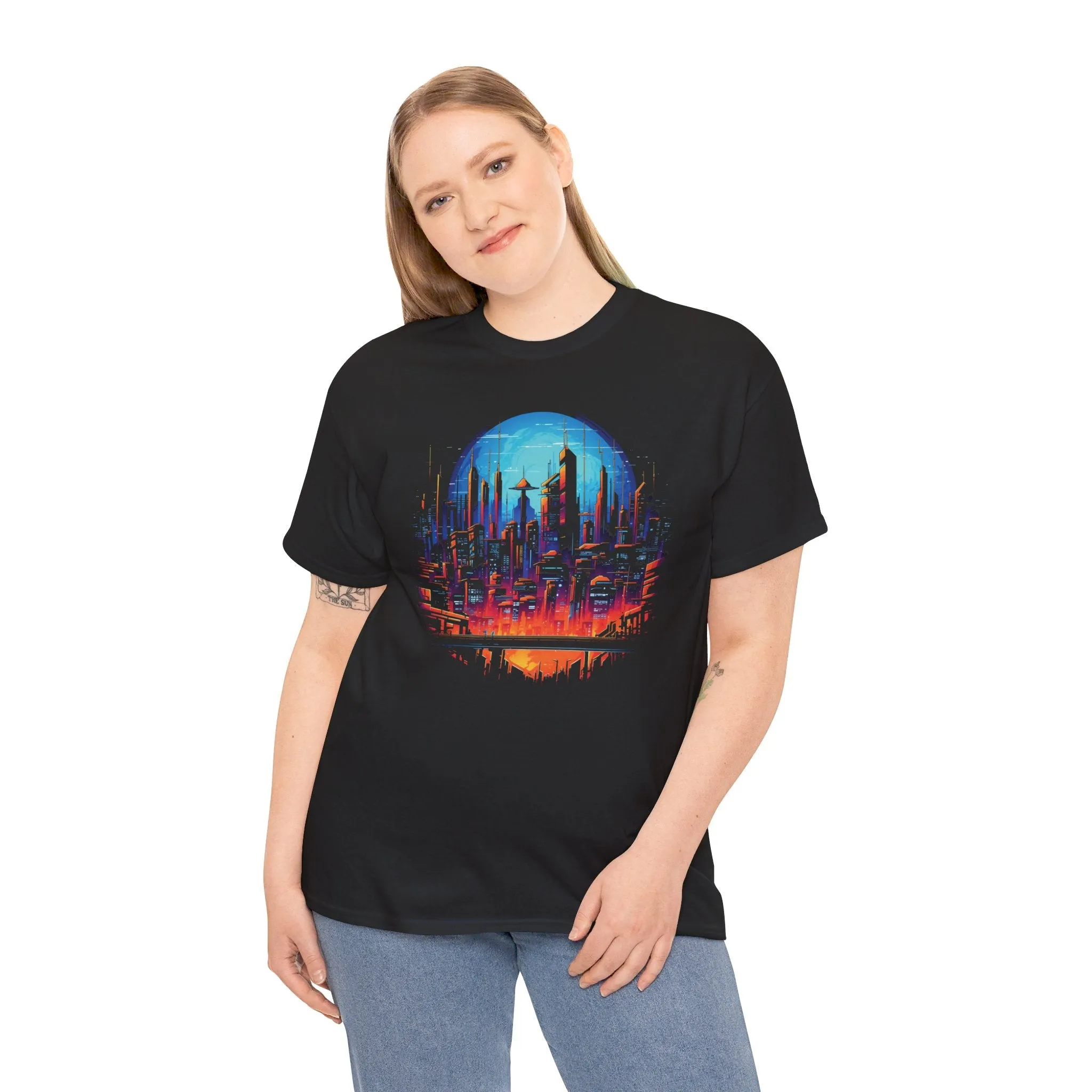 Cyberpunk Skyline T-Shirt Vollmond | T-Shirt für Cyberpunk und Retrowave Fans