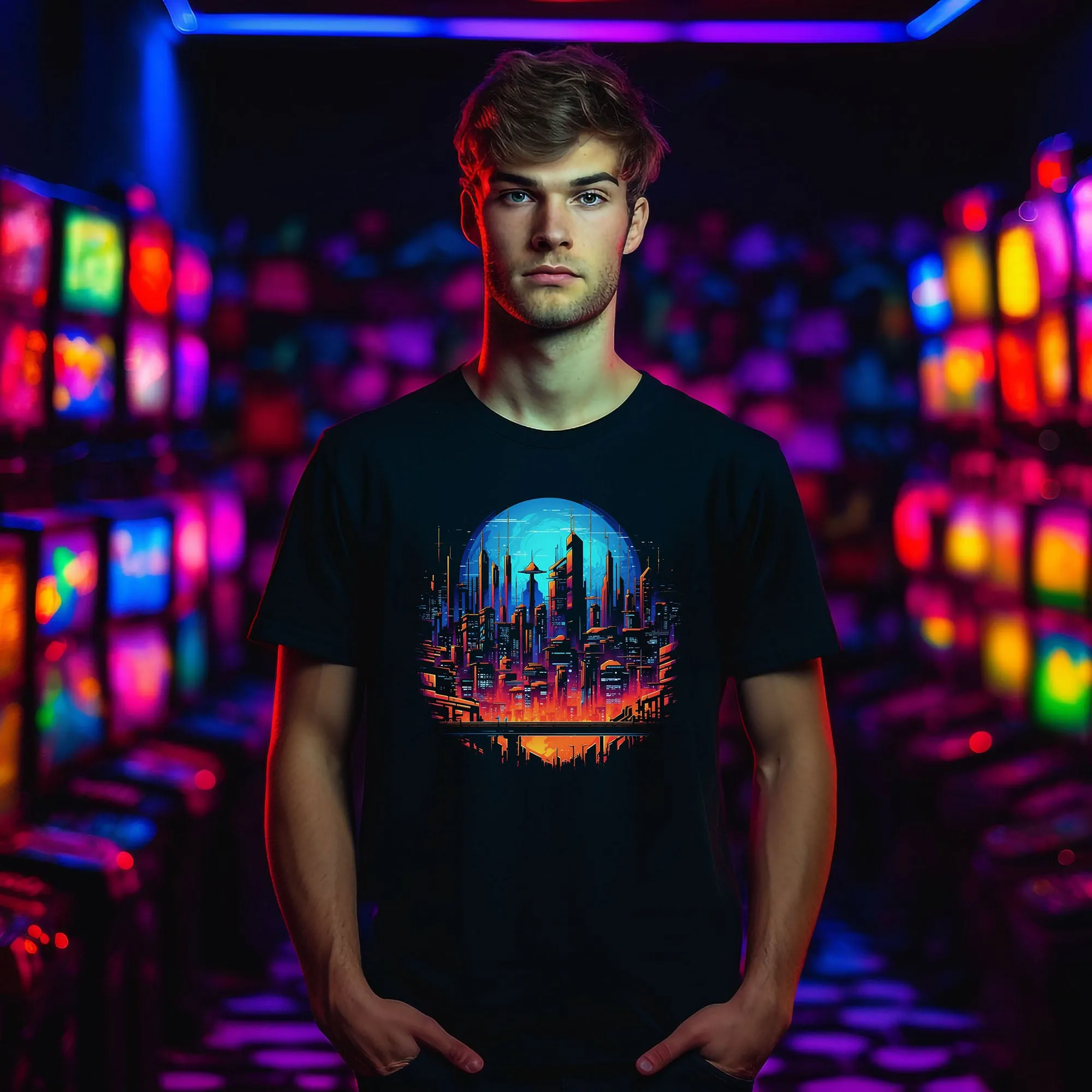 Cyberpunk Skyline T-Shirt Vollmond | T-Shirt für Cyberpunk und Retrowave Fans