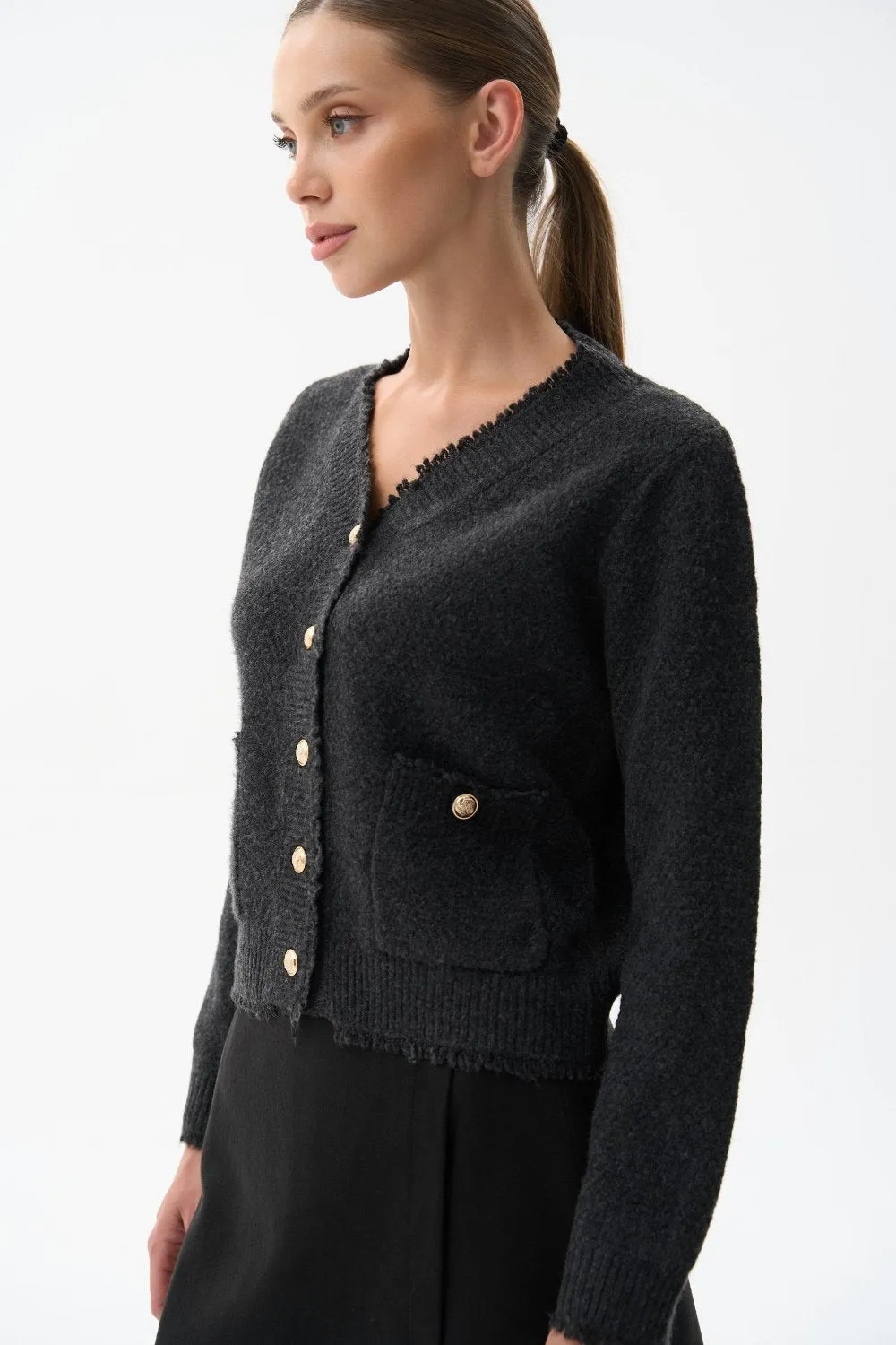 Dark Grey Buttoned Knit Cardigan