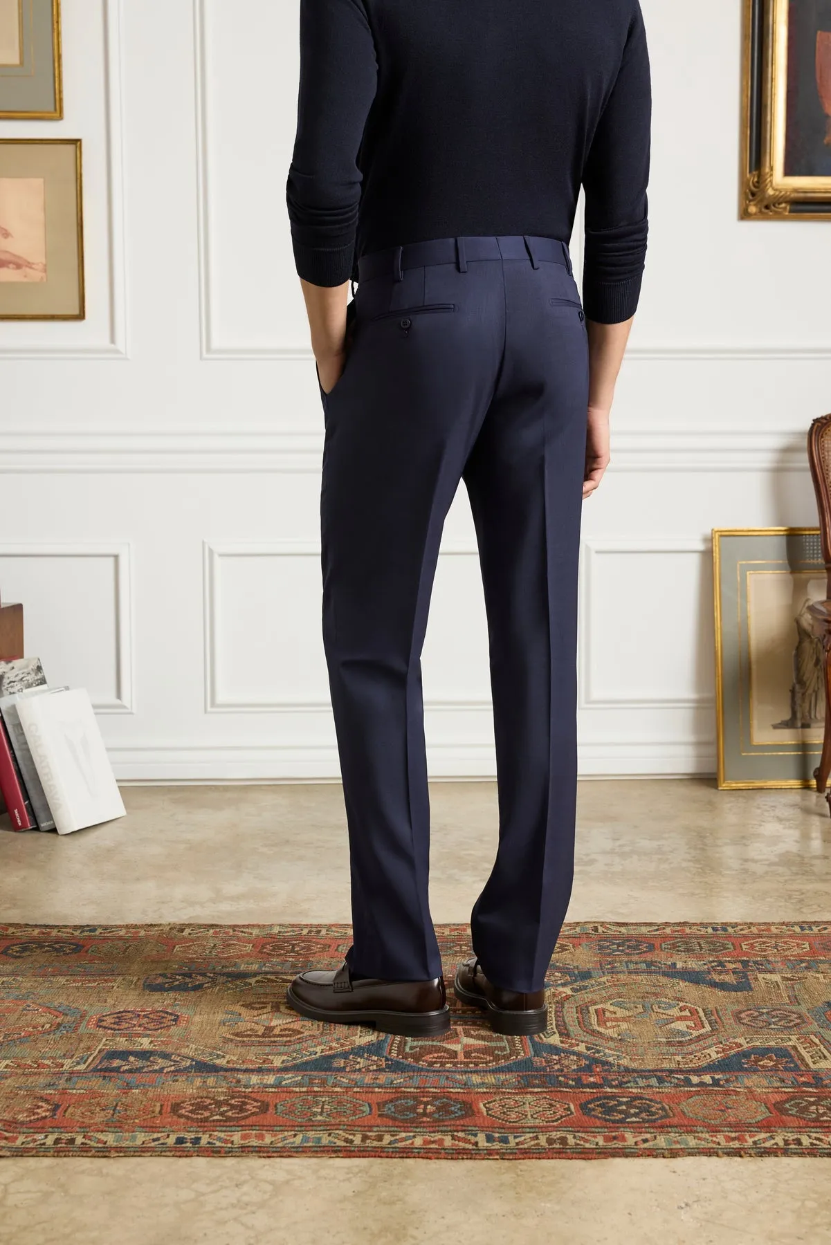 Devon Flat Front Super 110s Wool Serge Trouser in Midnight (Modern Full Fit) by Zanella