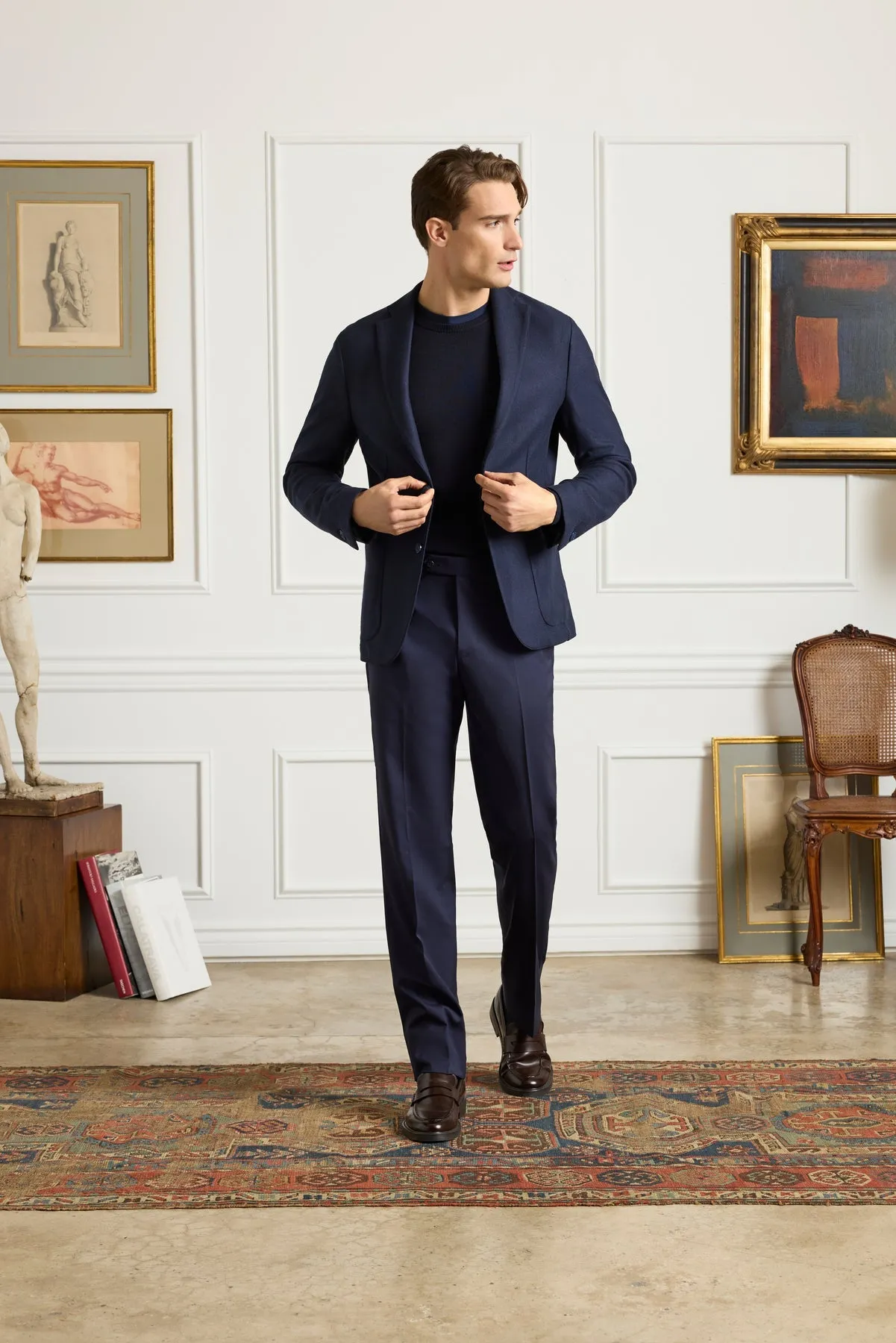 Devon Flat Front Super 110s Wool Serge Trouser in Midnight (Modern Full Fit) by Zanella