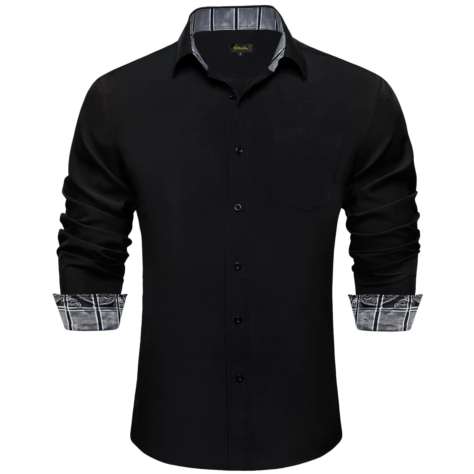 DiBanGu Black Solid Splicing Grey Plaid Silk Mens Long Sleeve Shirt