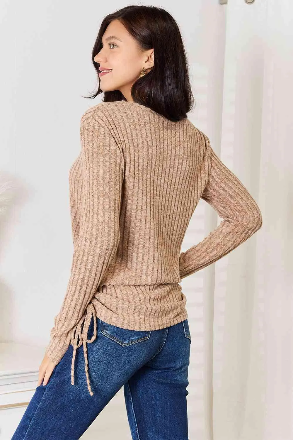 Drawstring Ribbed Long Sleeve T-Shirt