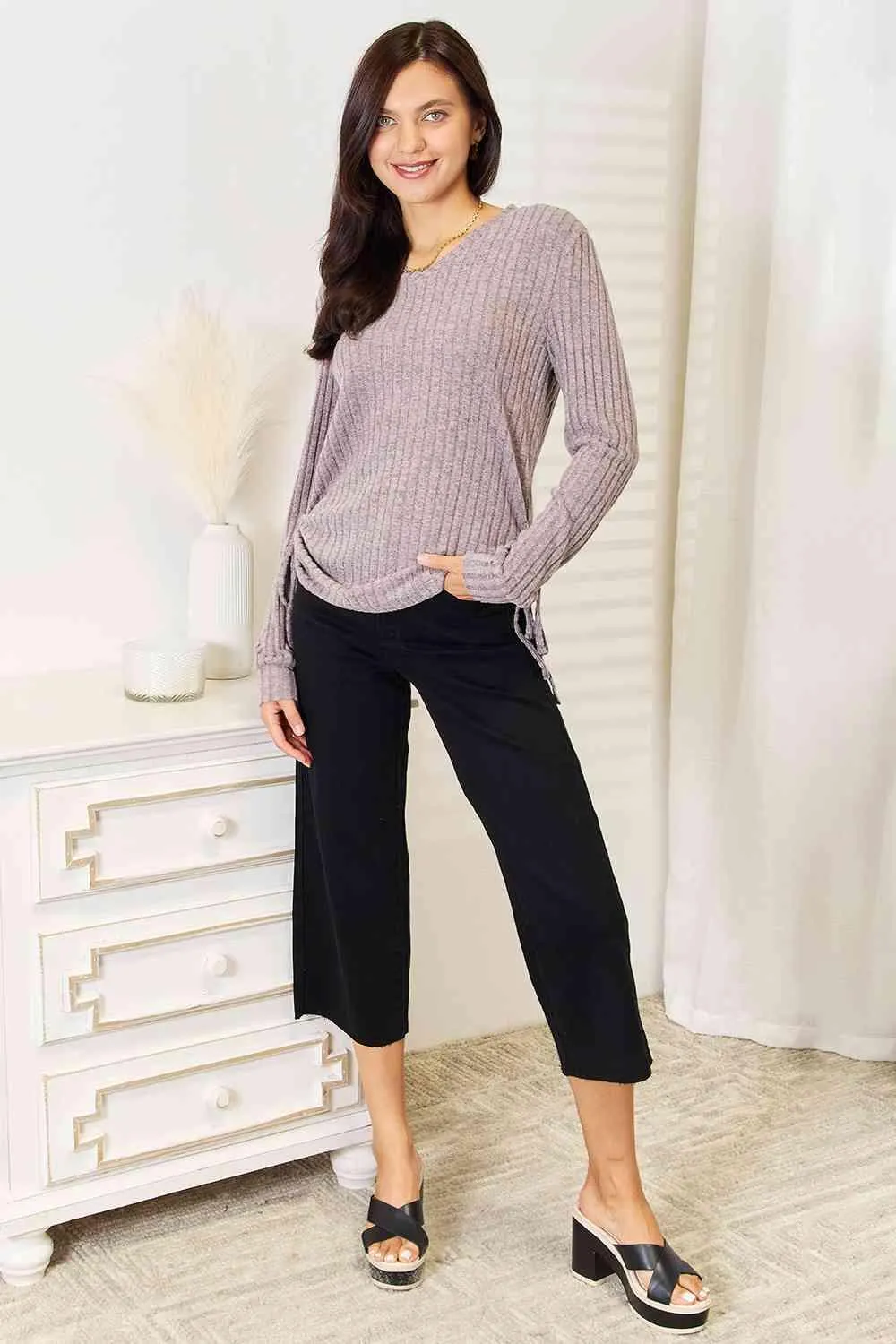 Drawstring Ribbed Long Sleeve T-Shirt