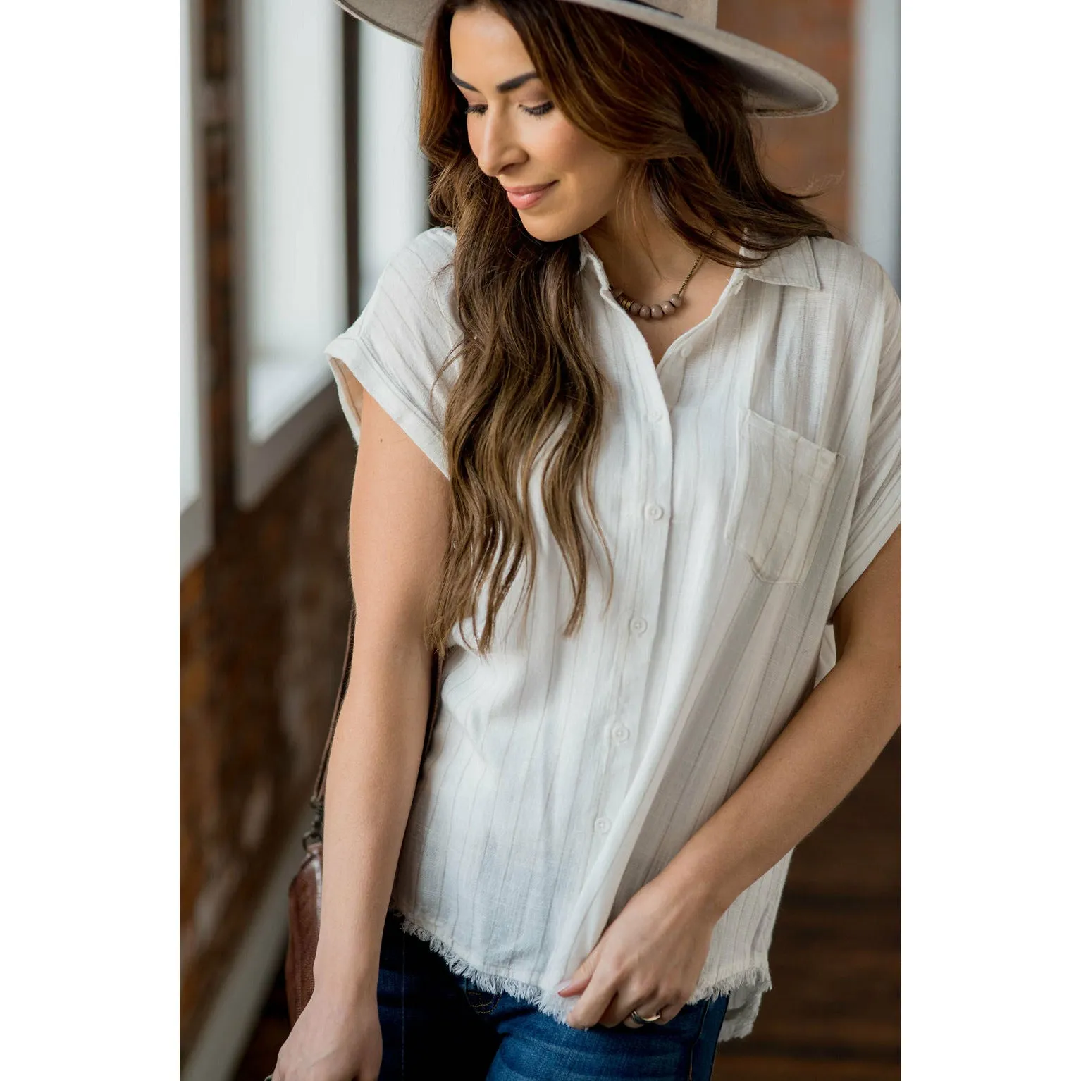 Faded Stripe Fringe Button Up Blouse