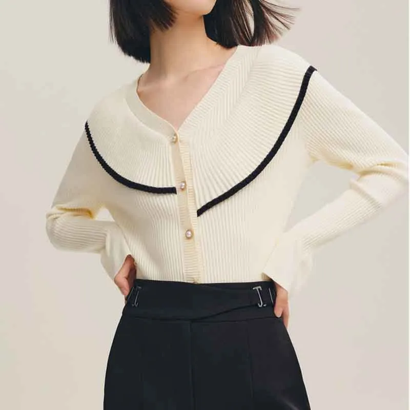 Fashion Ruffles Women Cardigans Sweater Korean Button Elegant Office Ladies Knitted Jacket Elastic Fall Slim Female Tops