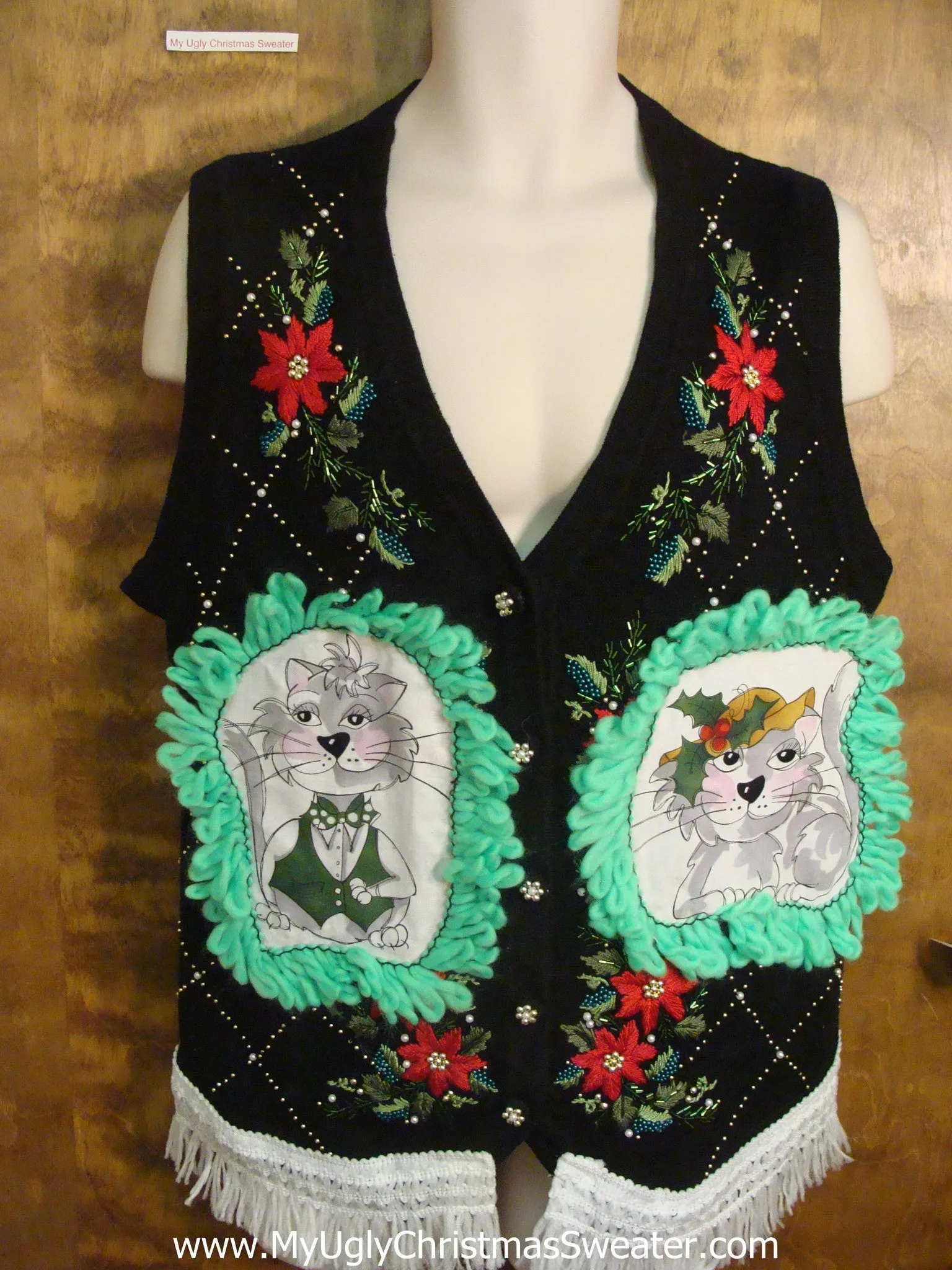 Festive Argyle and Poinsettias Cheesy Cat Christmas Sweater Vest