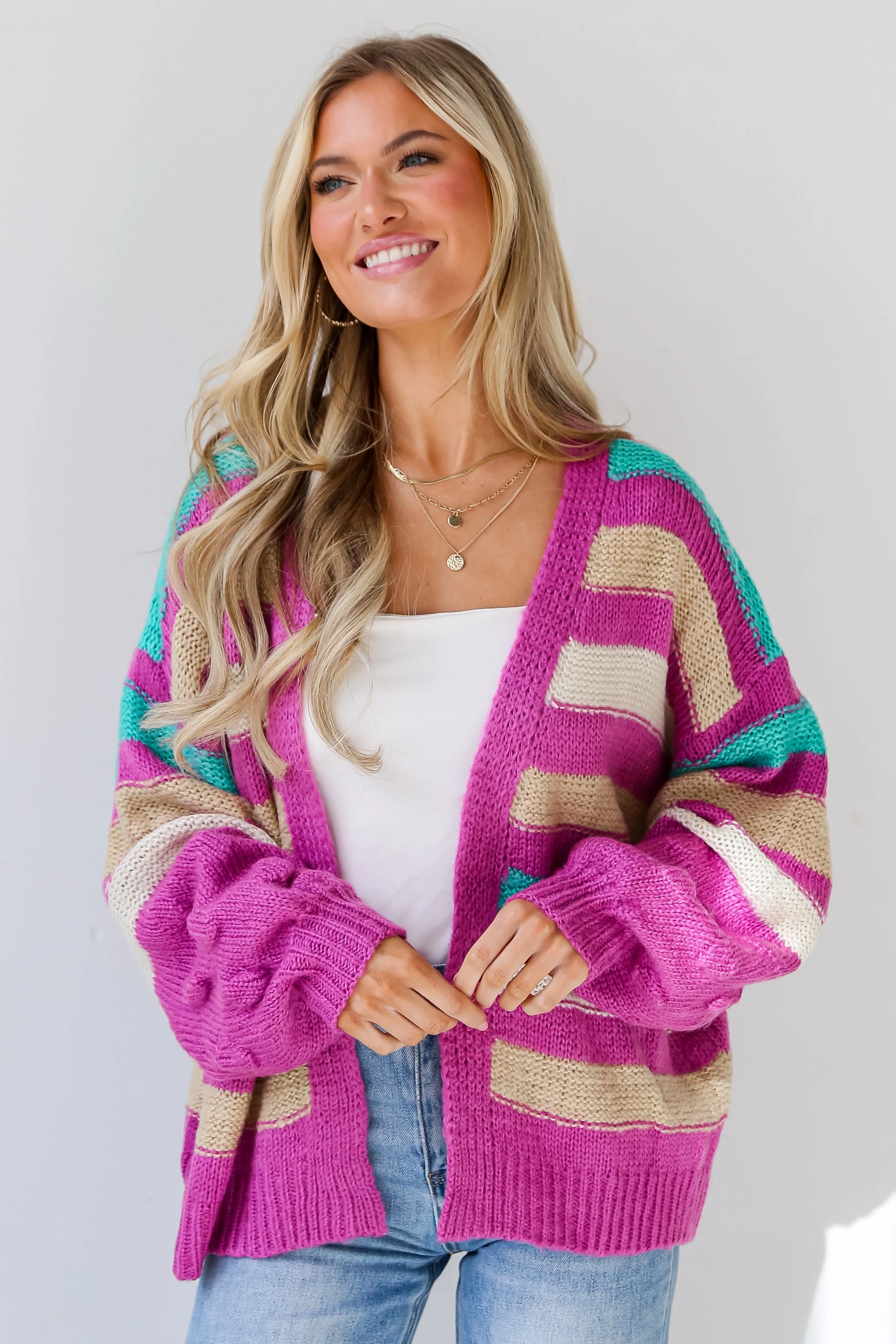 FINAL SALE - Easygoing Style Fuchsia Striped Sweater Cardigan