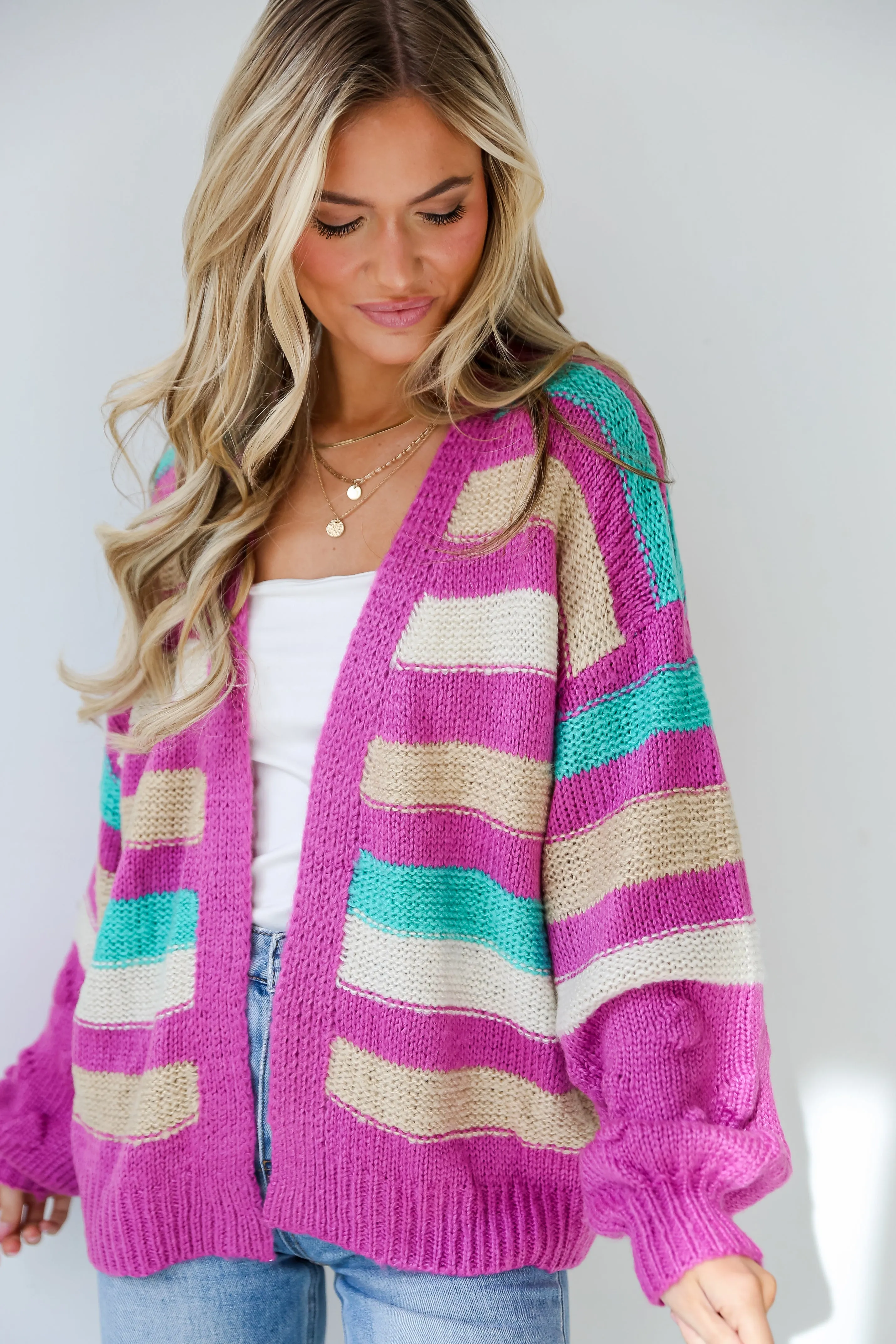 FINAL SALE - Easygoing Style Fuchsia Striped Sweater Cardigan