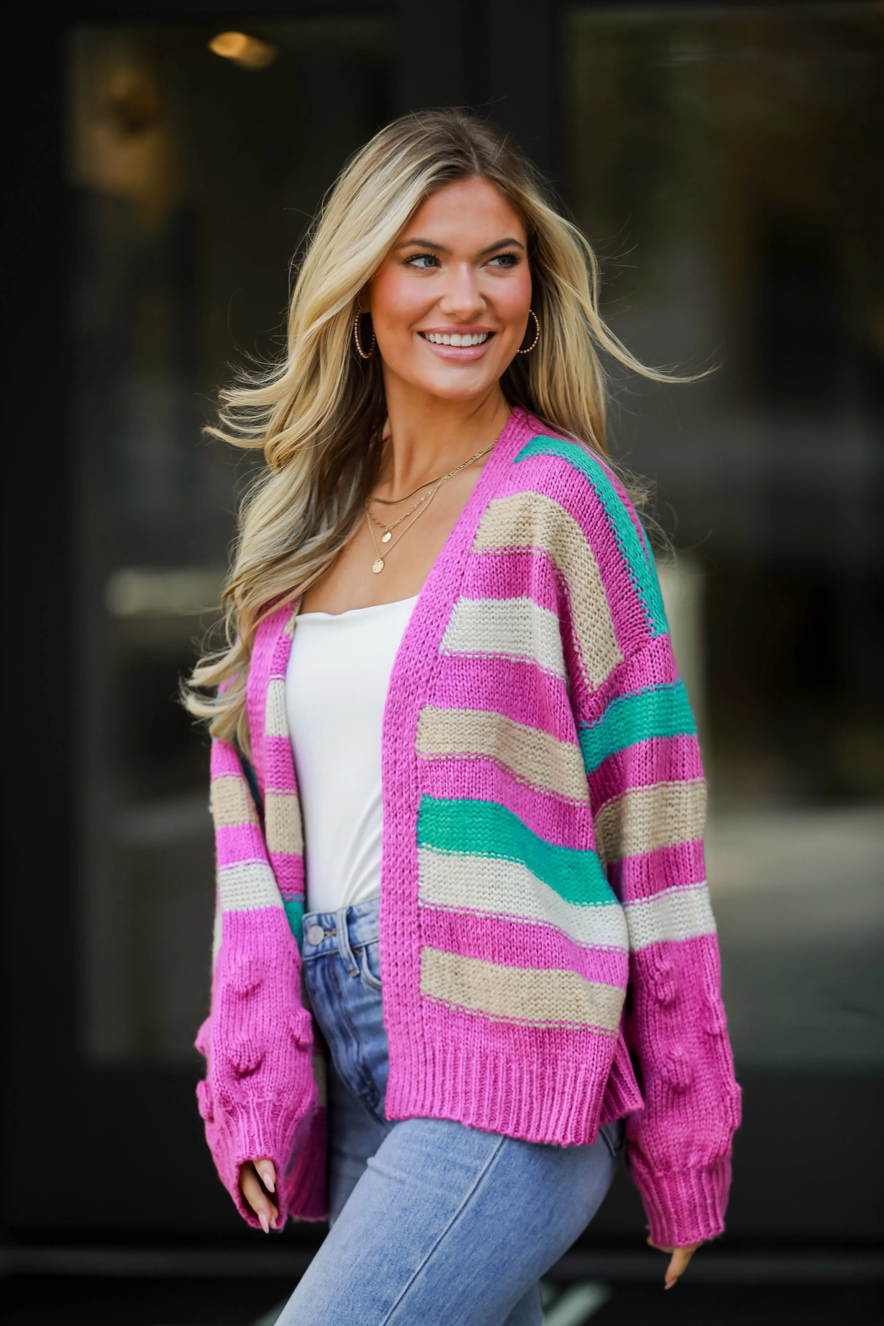 FINAL SALE - Easygoing Style Fuchsia Striped Sweater Cardigan