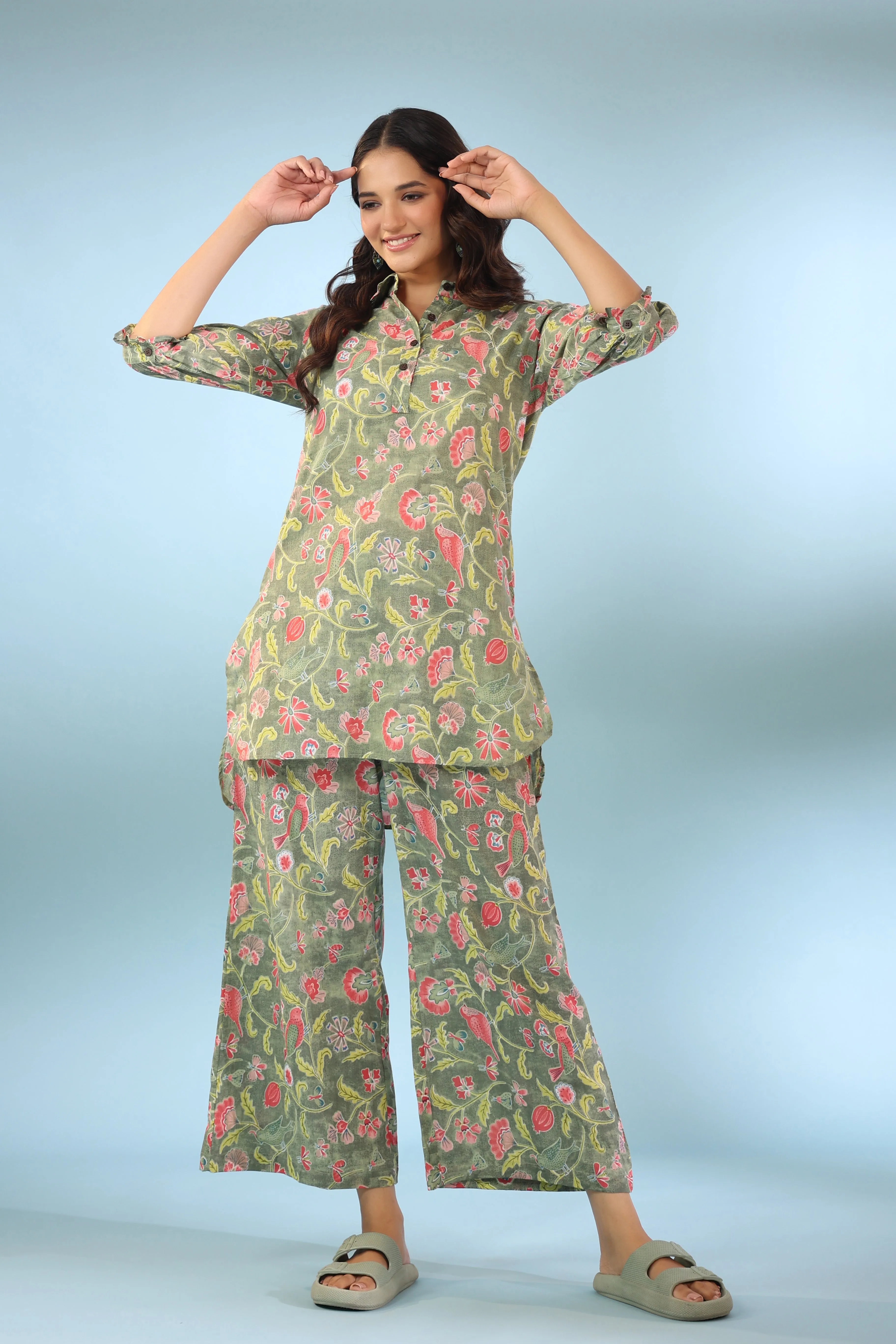 Floret Light Green Cotton Palazzo Loungewear Set