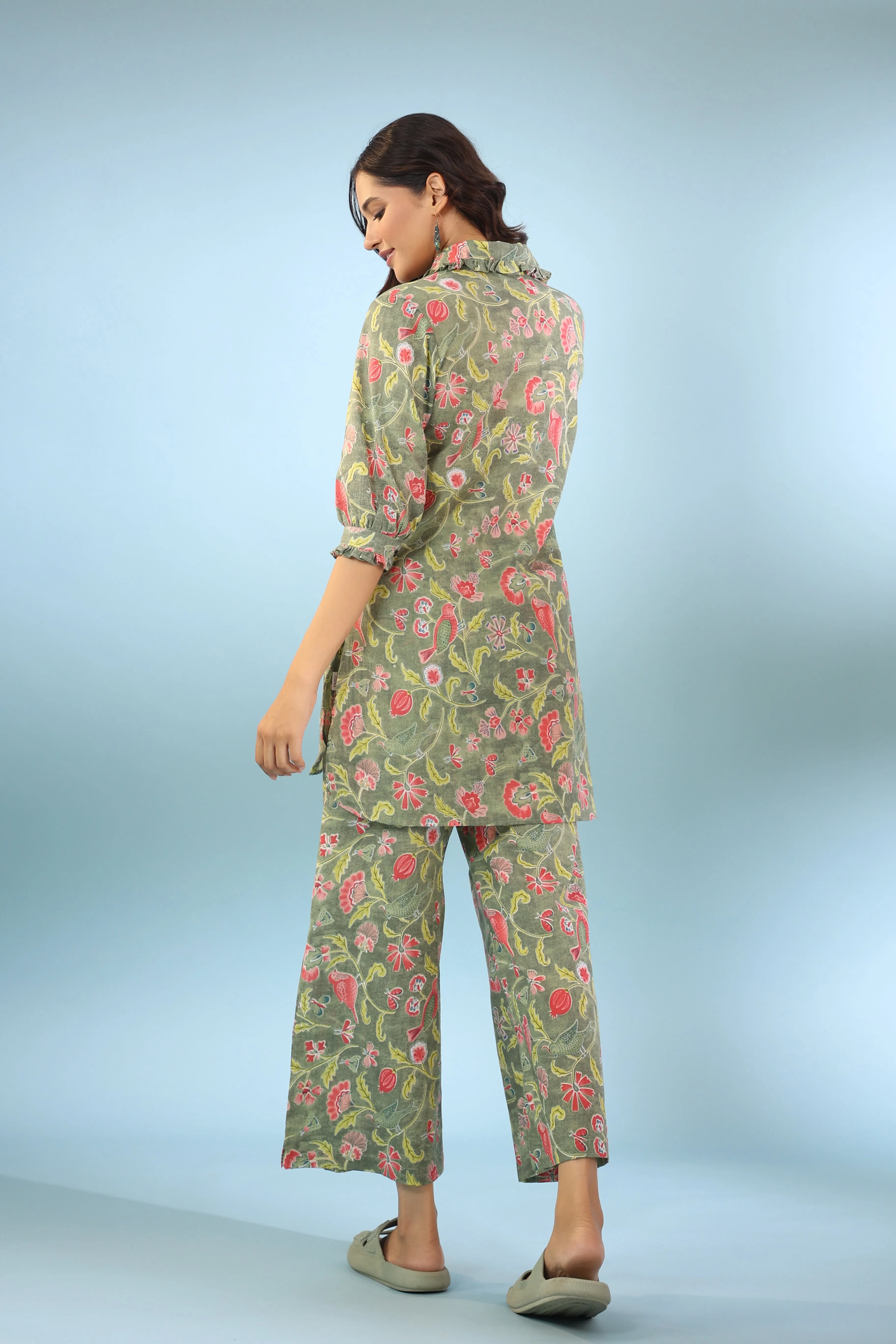 Floret Light Green Cotton Palazzo Loungewear Set