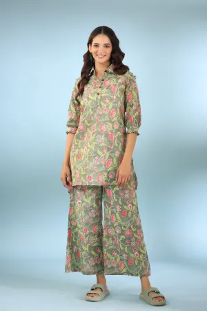 Floret Light Green Cotton Palazzo Loungewear Set