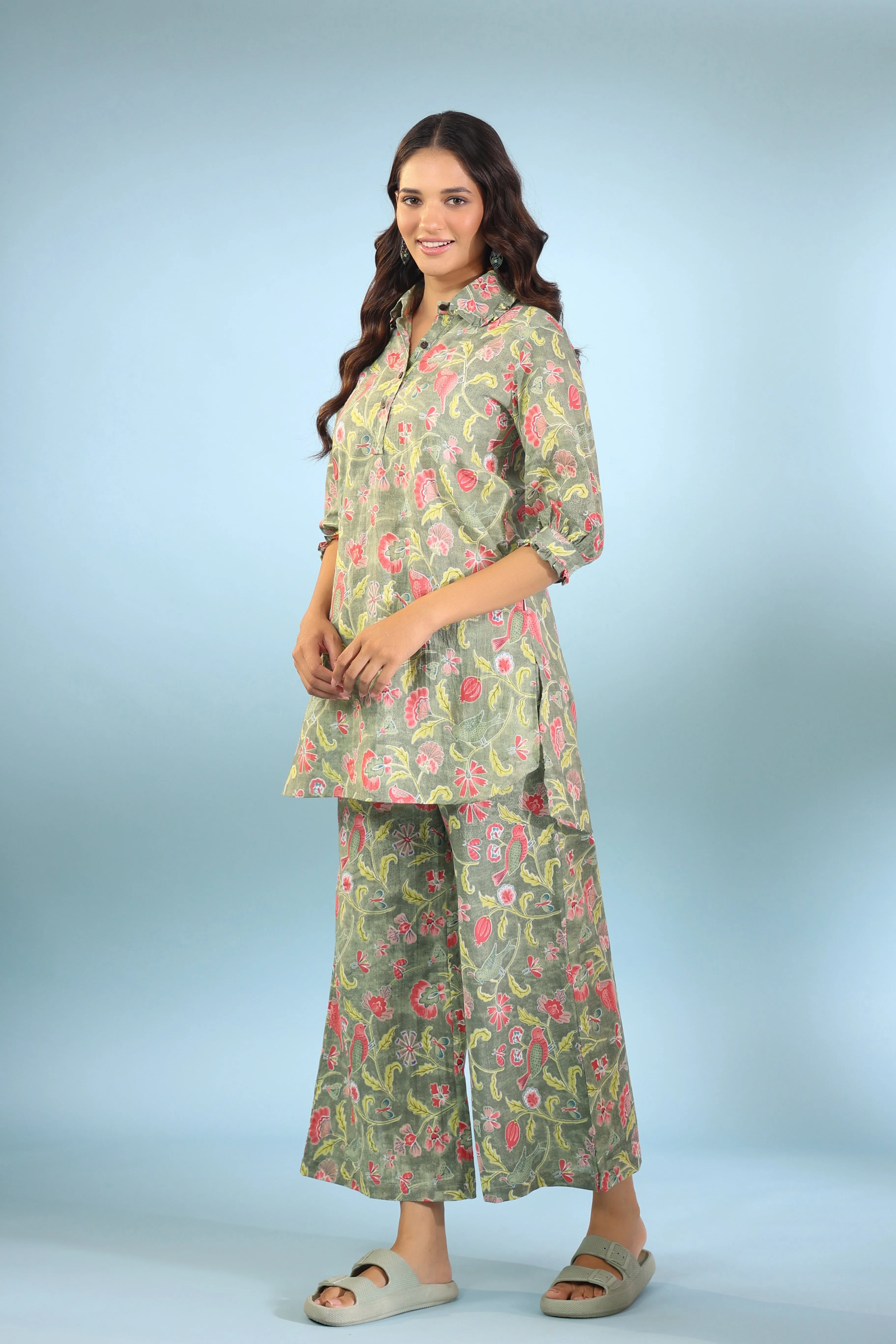 Floret Light Green Cotton Palazzo Loungewear Set