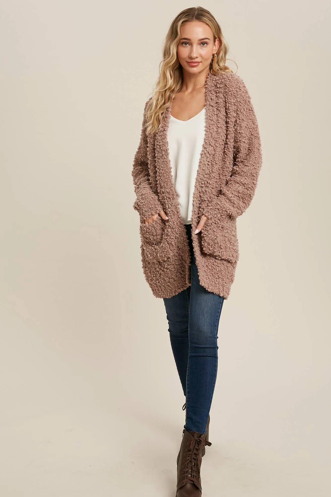 FLUFFY BOUCLÉ OPEN FRONT CARDIGAN