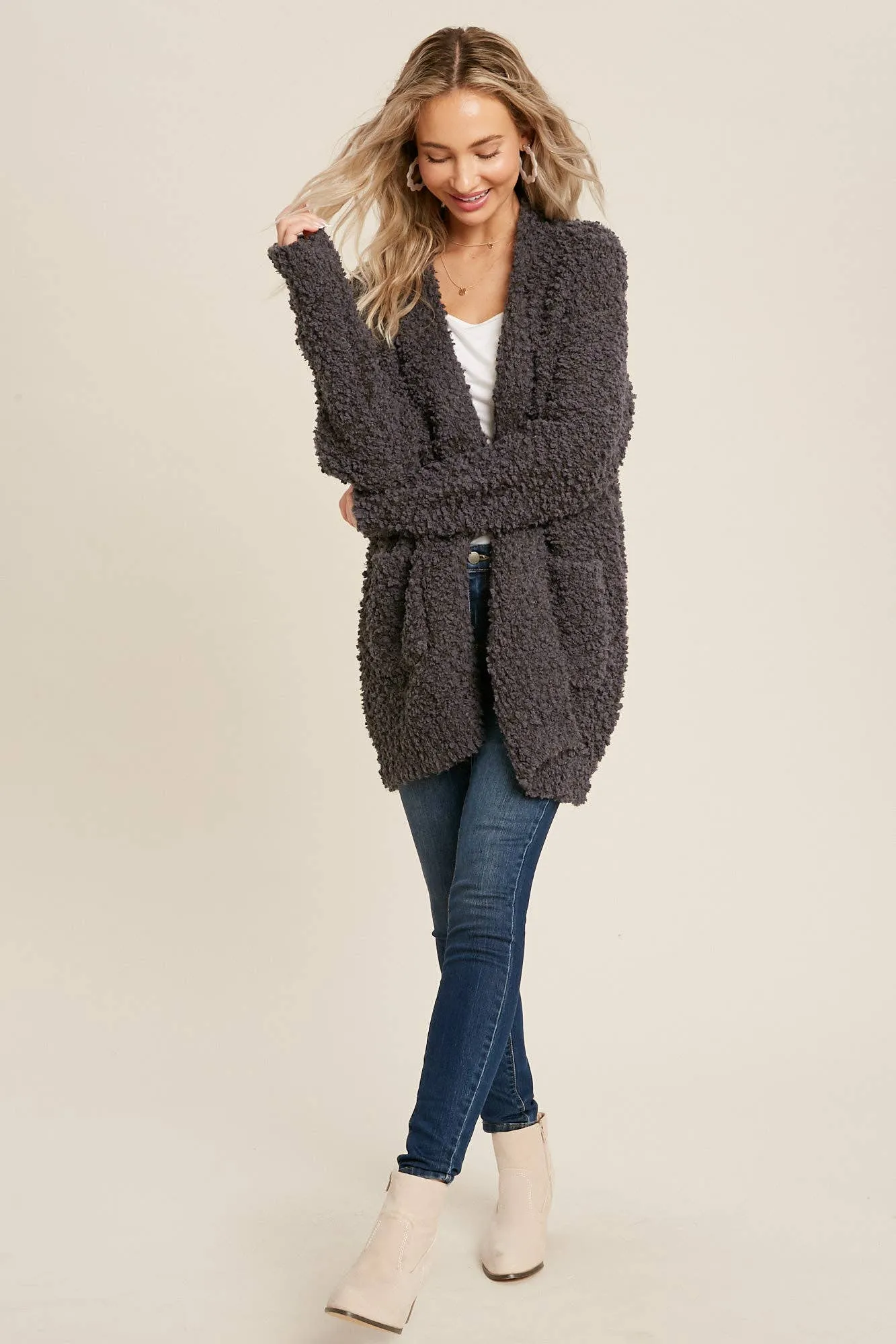 FLUFFY BOUCLÉ OPEN FRONT CARDIGAN