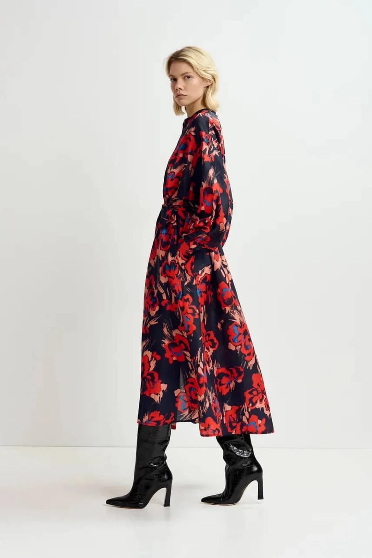 GALADRIEL SILK SHIRT DRESS BLACK/RED S