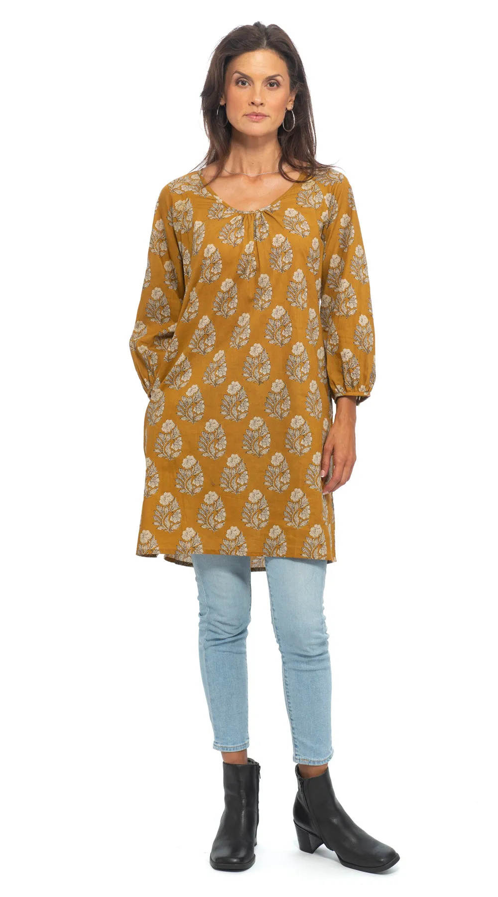 Gayatri Tunic - saffron - org.cotton blockprint