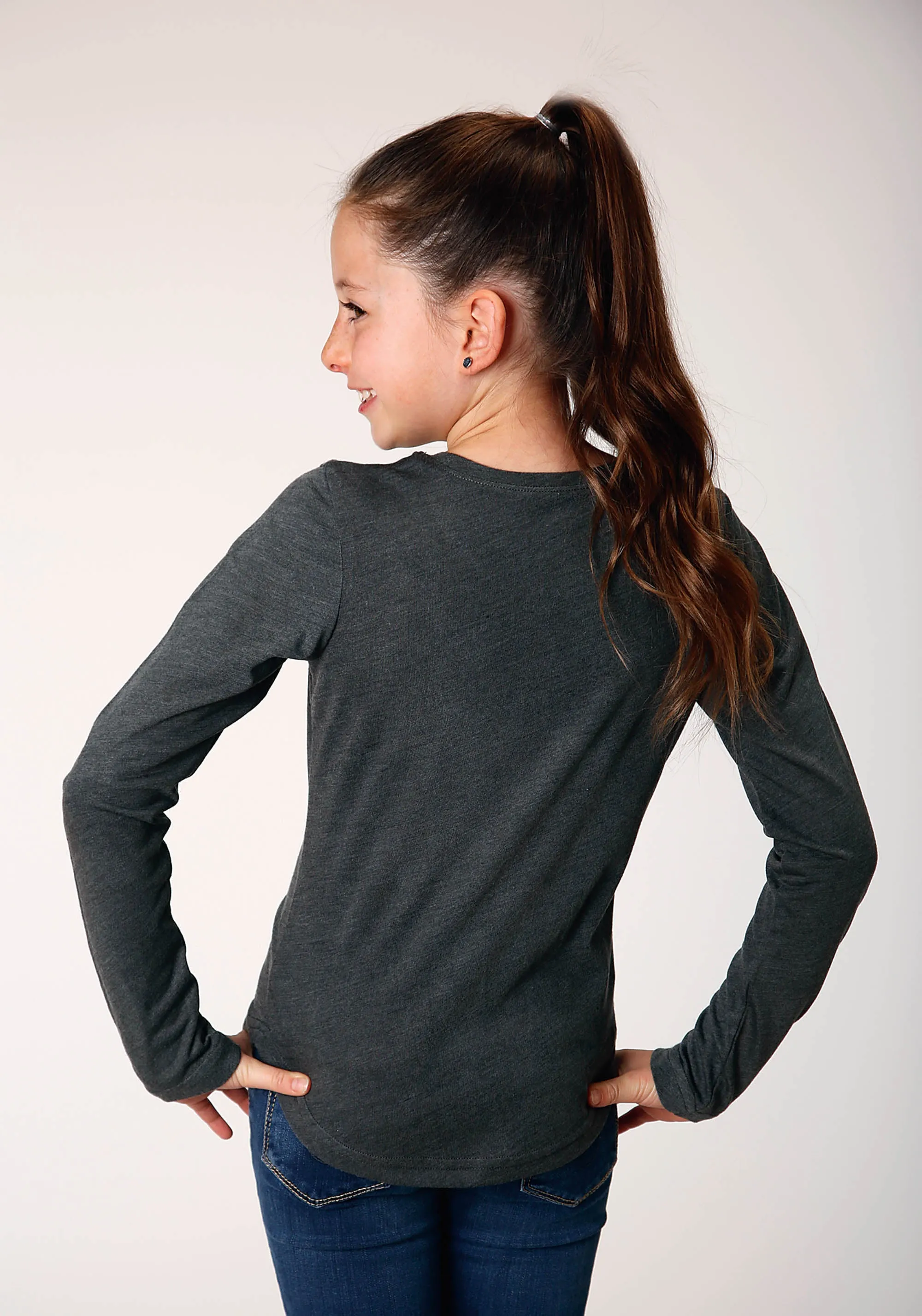 GIRLS LONG SLEEVE KNIT POLY RAYON HEATHERED GREY JERSEY LONG SLEEVE  T T-SHIRT