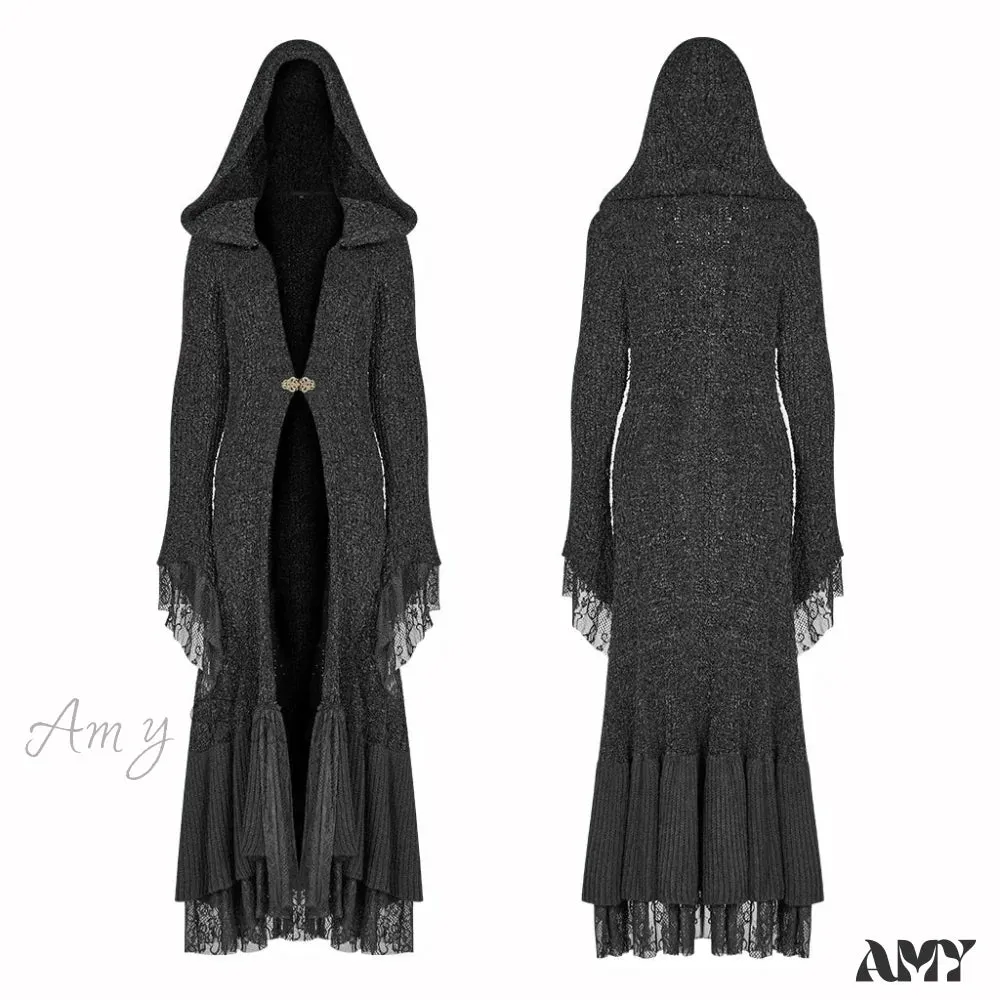 Gothic Retro Black Long Hooded Woolen Costume Halloween Warm Cozy Stylish Cardigan