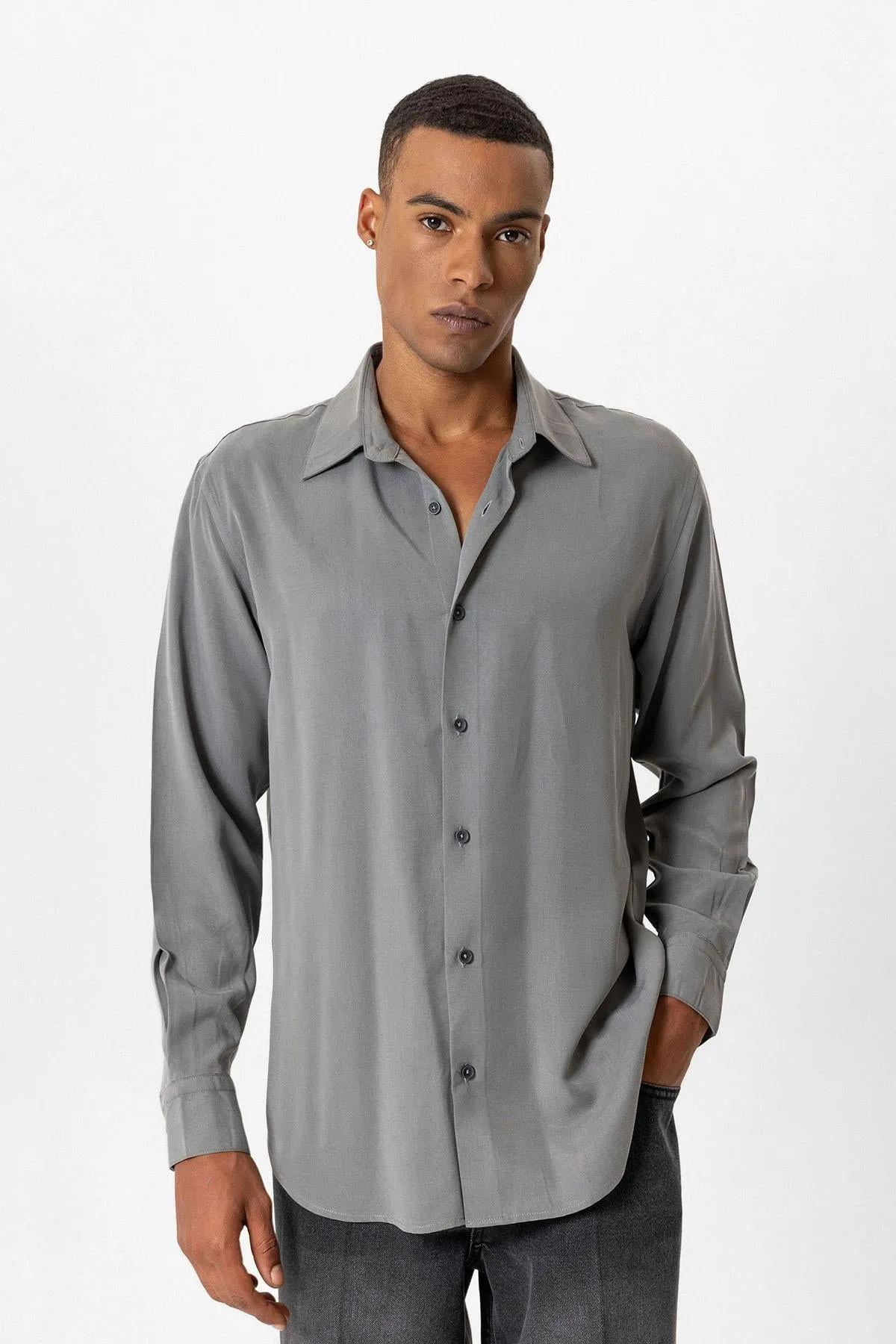 Gray Technical Tencel Fabric Men's Shirt - Wessi