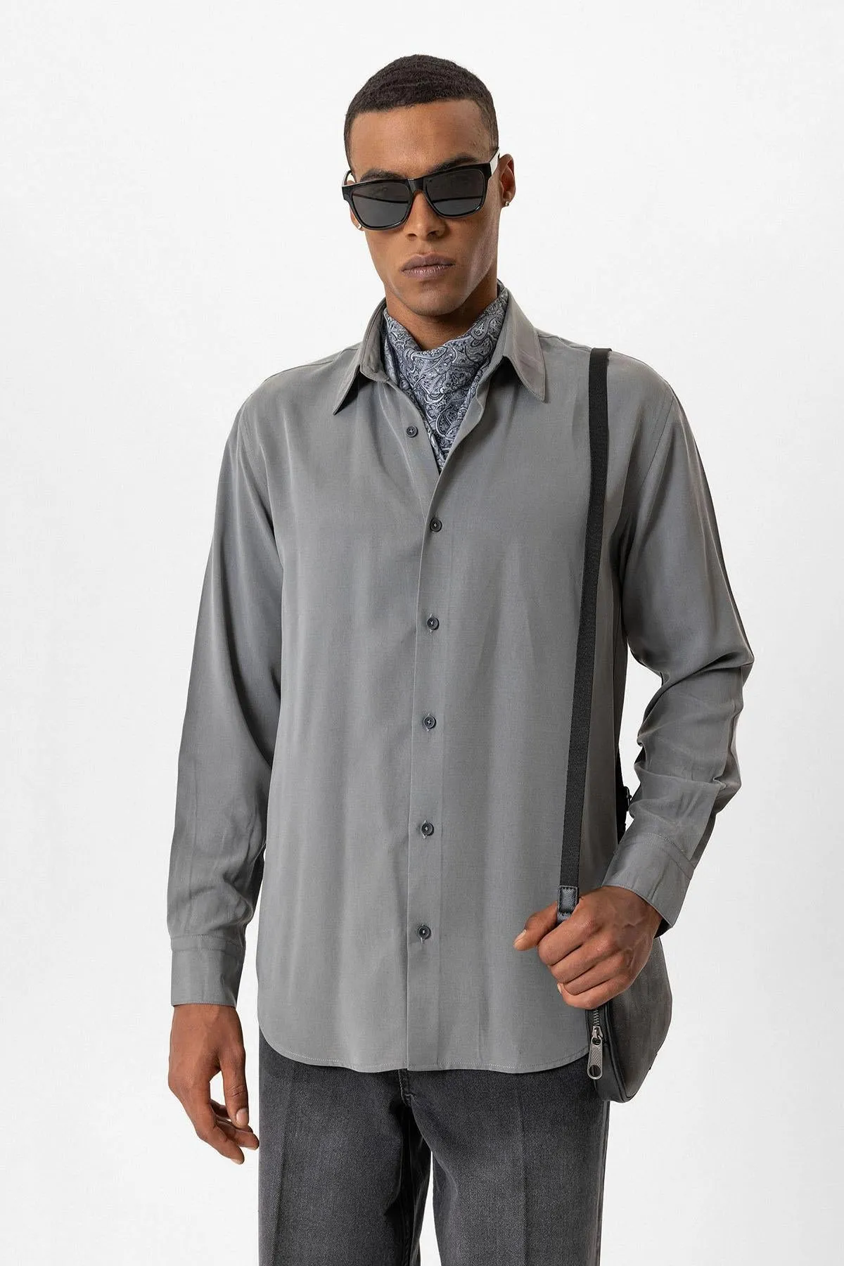 Gray Technical Tencel Fabric Men's Shirt - Wessi