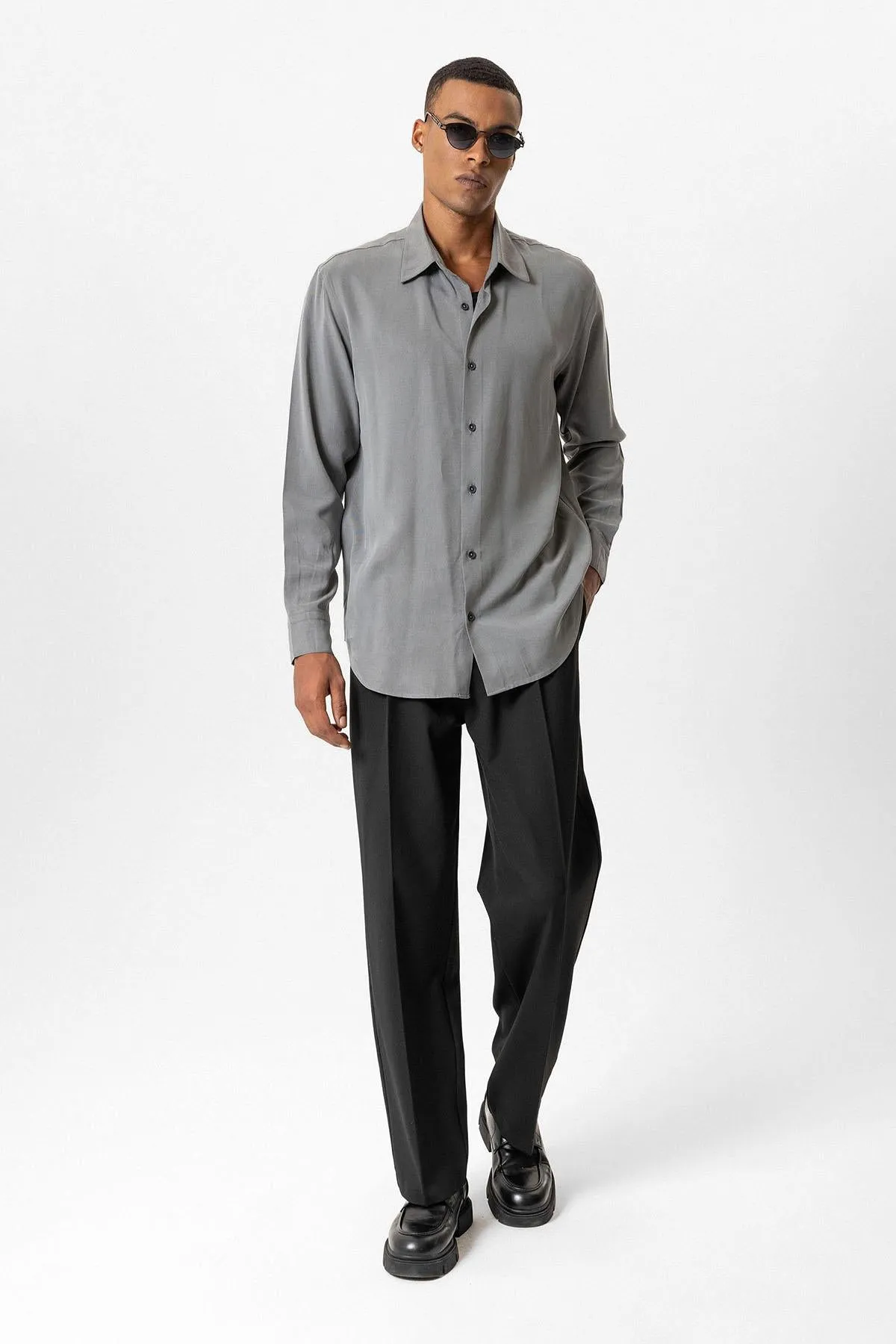 Gray Technical Tencel Fabric Men's Shirt - Wessi