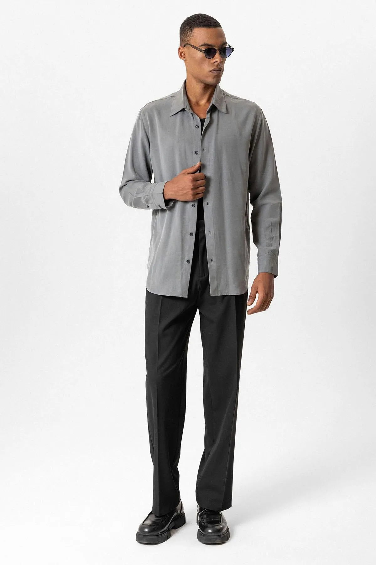 Gray Technical Tencel Fabric Men's Shirt - Wessi