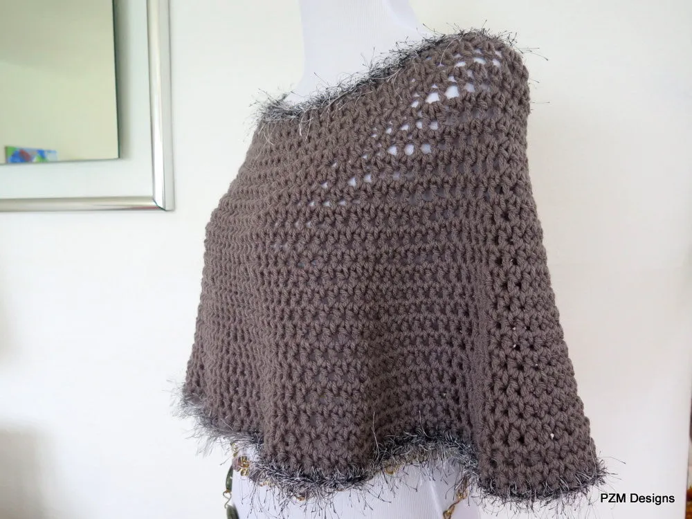 Grey Short Circle Poncho, Hand crochet poncho with faux fur trim, gift for her