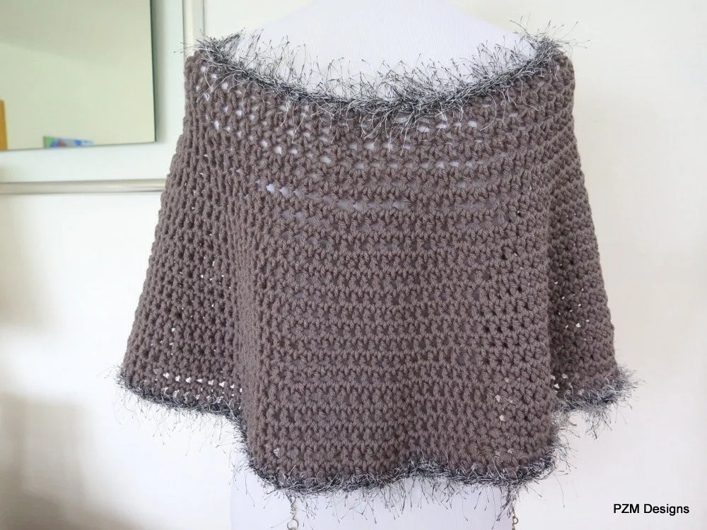 Grey Short Circle Poncho, Hand crochet poncho with faux fur trim, gift for her