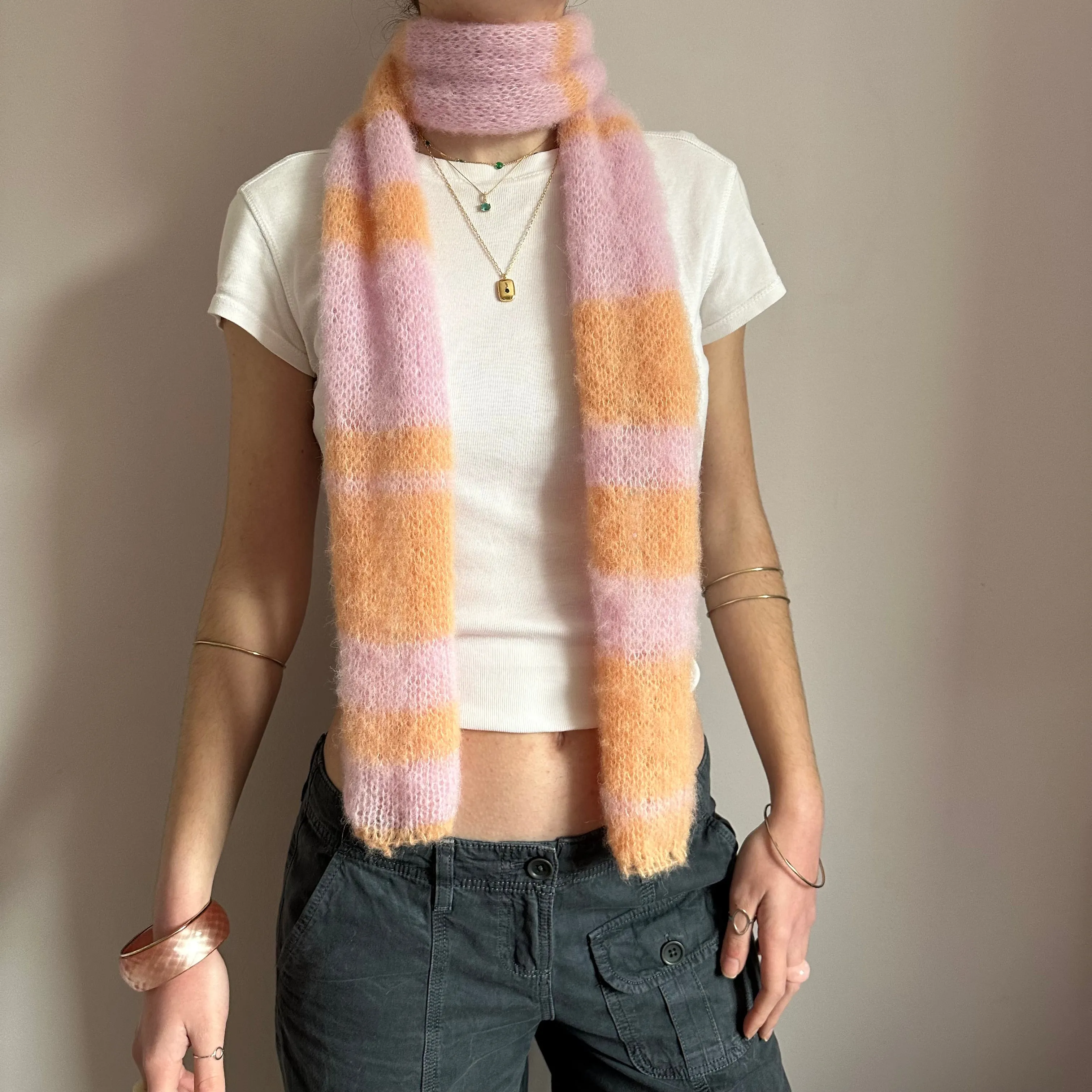 Handmade knitted baby pink and orange brushed mohair striped scarf