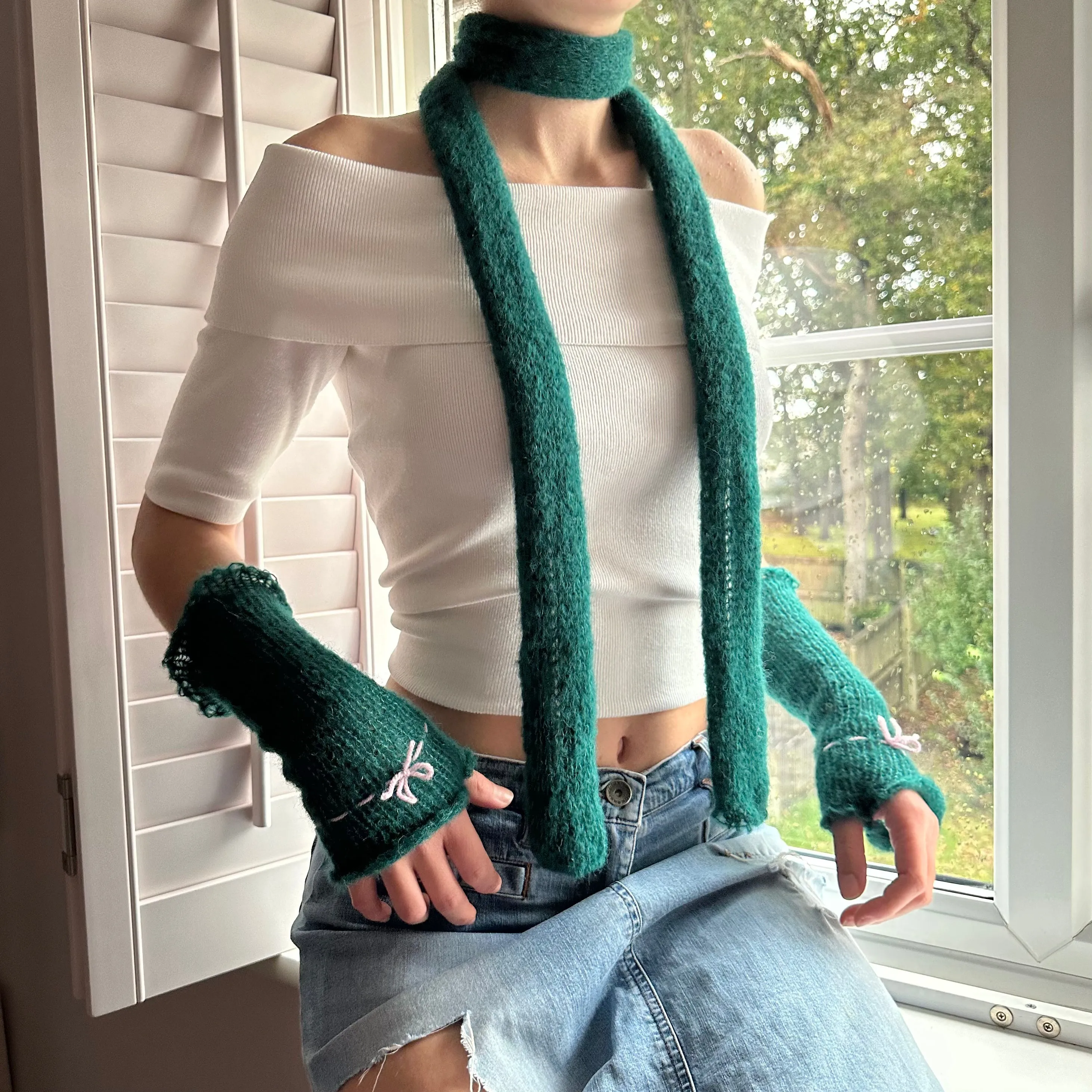 Handmade knitted mohair skinny scarf in emerald green