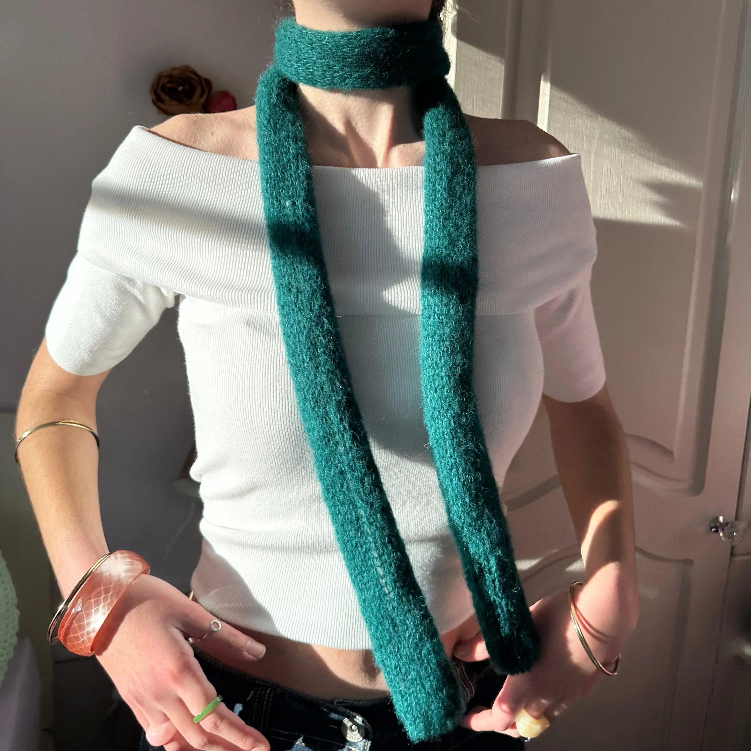 Handmade knitted mohair skinny scarf in emerald green