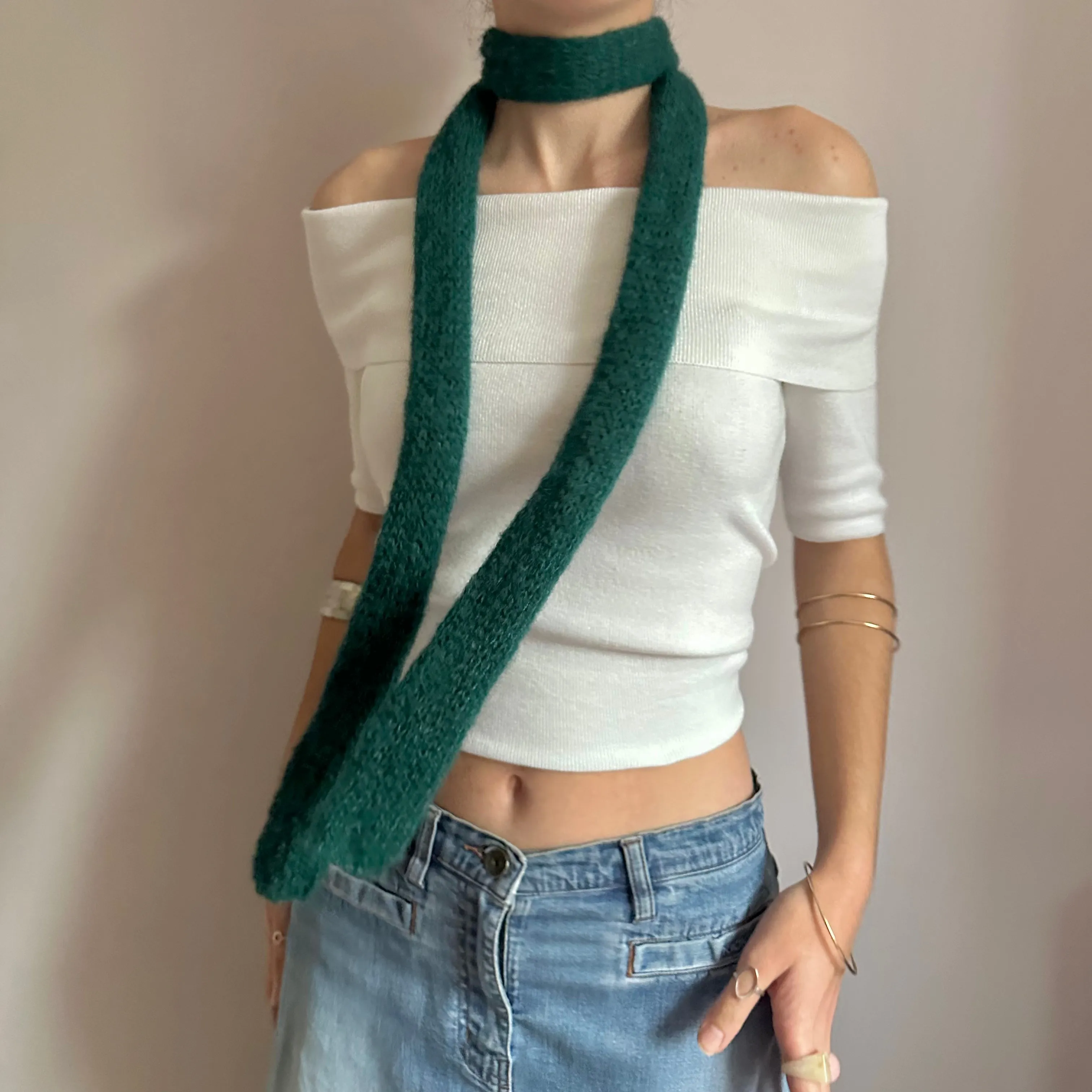 Handmade knitted mohair skinny scarf in emerald green