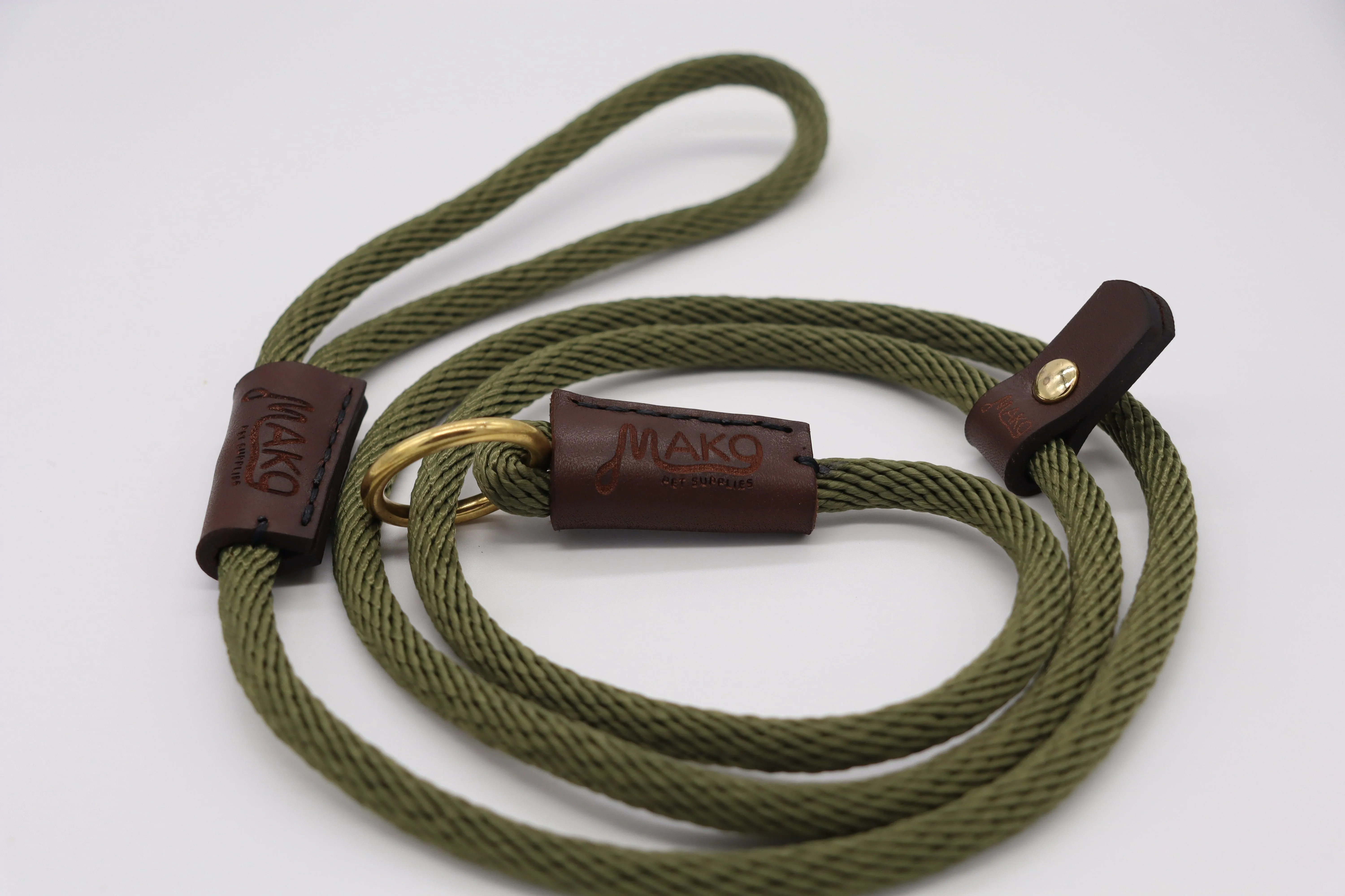 Handmade Slip Lead - Solid Brass and Leather Olive Nylon Twist