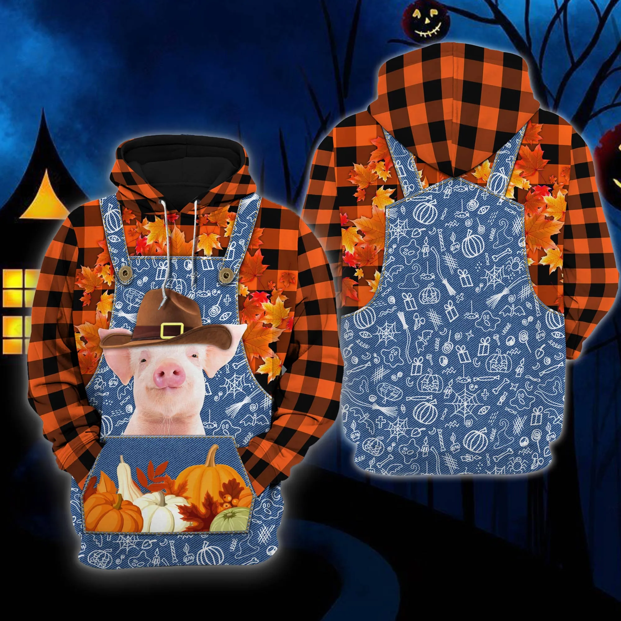 Happy Halloween Pig Orange Plaid All Over Print Hoodie, Pig Hoodies