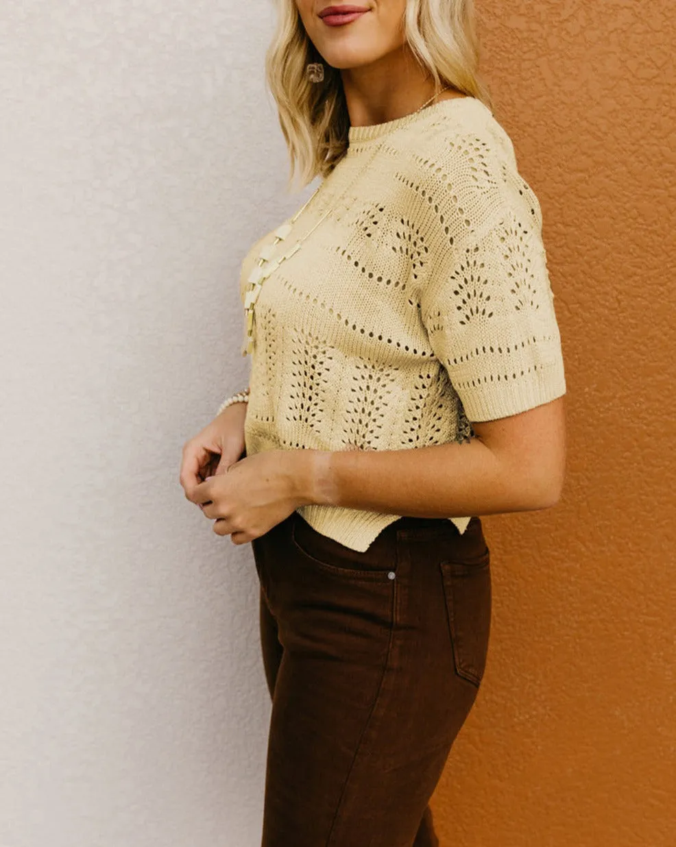 Hollowed Short Sleeve Crop Sweater